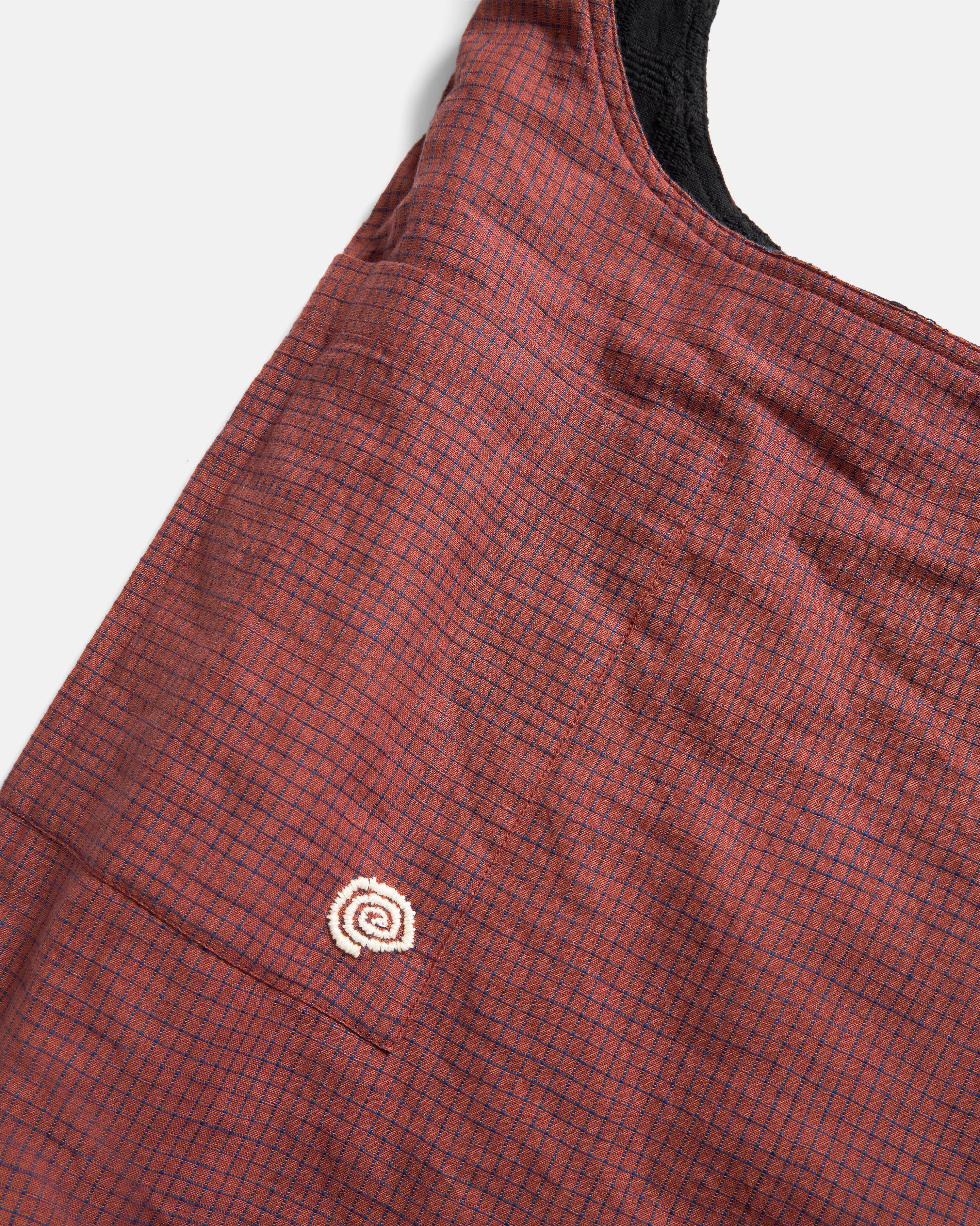 REVERSIBLE SLING BAG - BRICK & INDIGO HANDLOOM "BRICKSTOP" COTTON / WASHED BLACK COTTON 3D HANDWOVEN PLAID