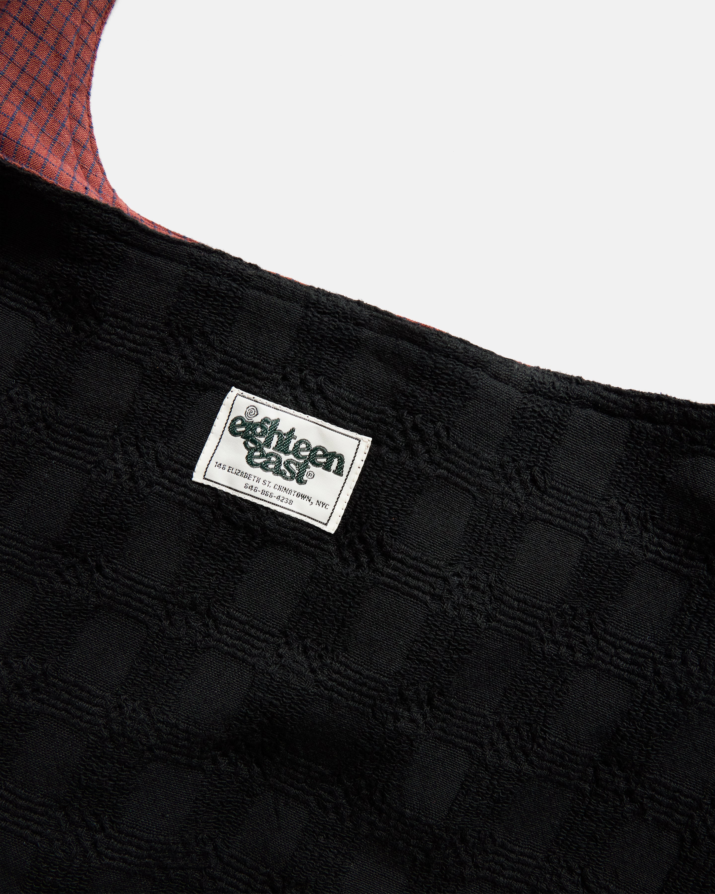 REVERSIBLE SLING BAG - BRICK & INDIGO HANDLOOM "BRICKSTOP" COTTON / WASHED BLACK COTTON 3D HANDWOVEN PLAID
