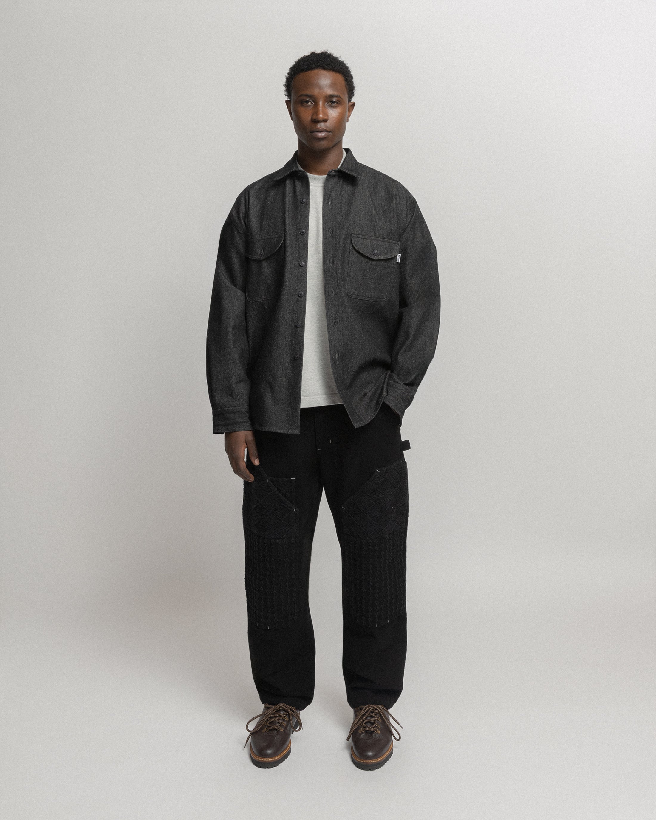 ELI HAND-EMBROIDERED DOUBLE KNEE WORK PANT - BLACK HANDSPUN COTTON