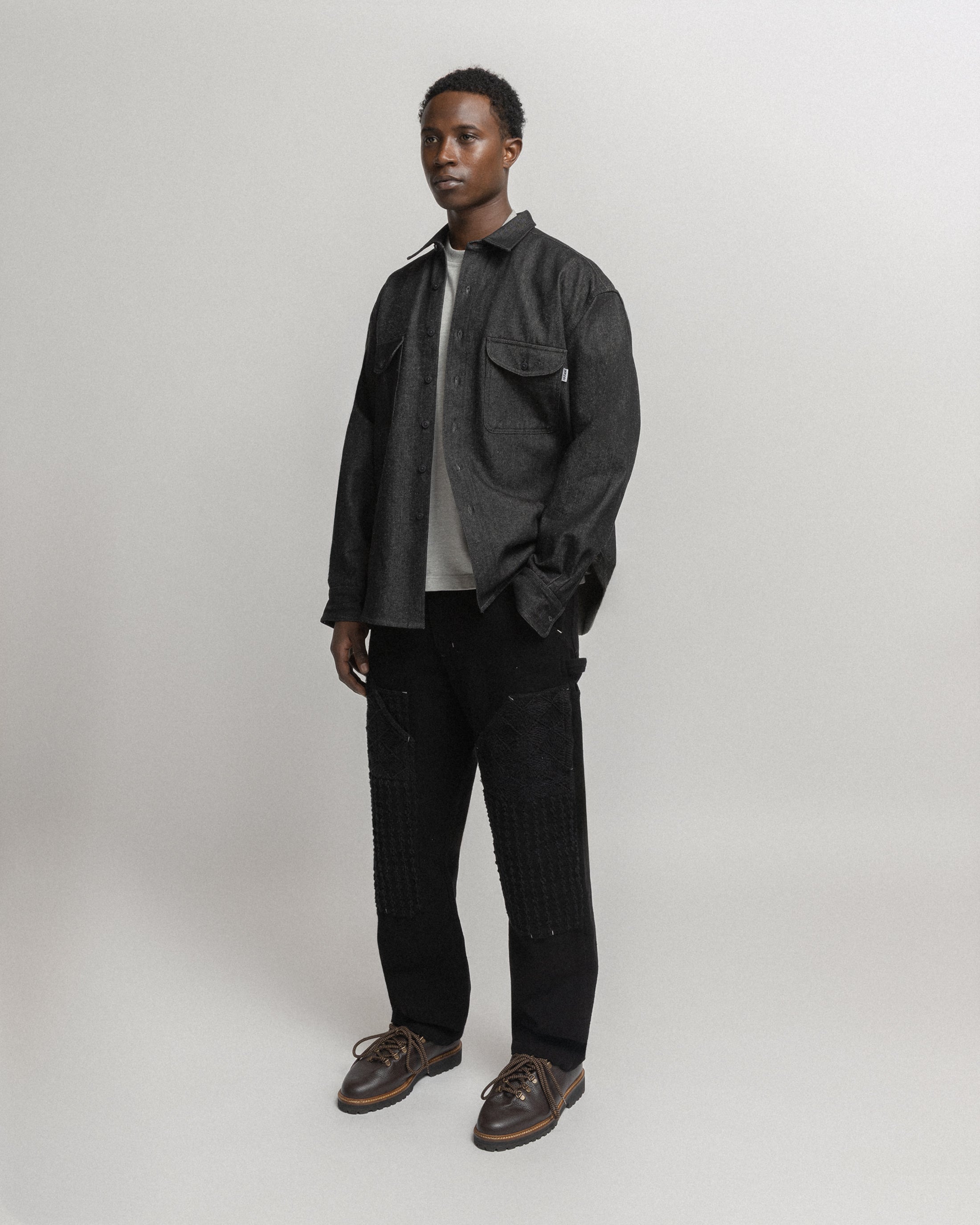 ELI HAND-EMBROIDERED DOUBLE KNEE WORK PANT - BLACK HANDSPUN COTTON CANVAS