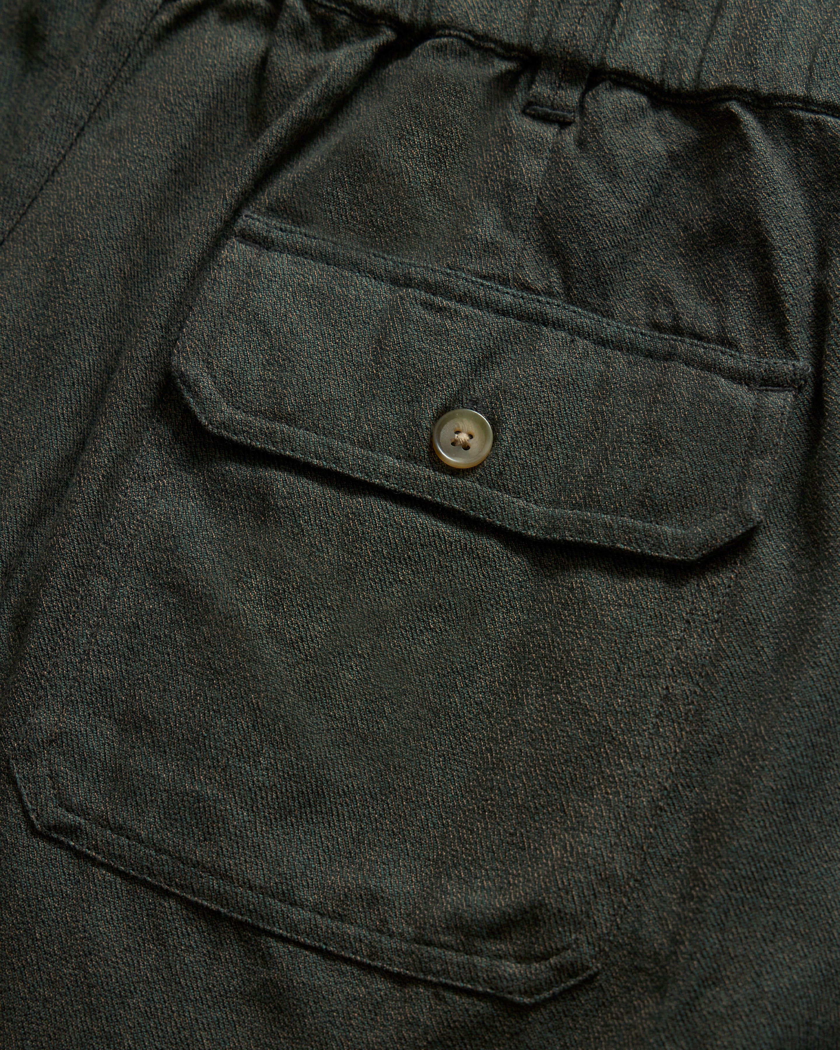 ROY BAKER SHORT -  FATIGUE OLIVE / BLACK / OFFICER KHAKI BEESWAX COATED WOODLAND COVERT CLOTH COTTON TWILL