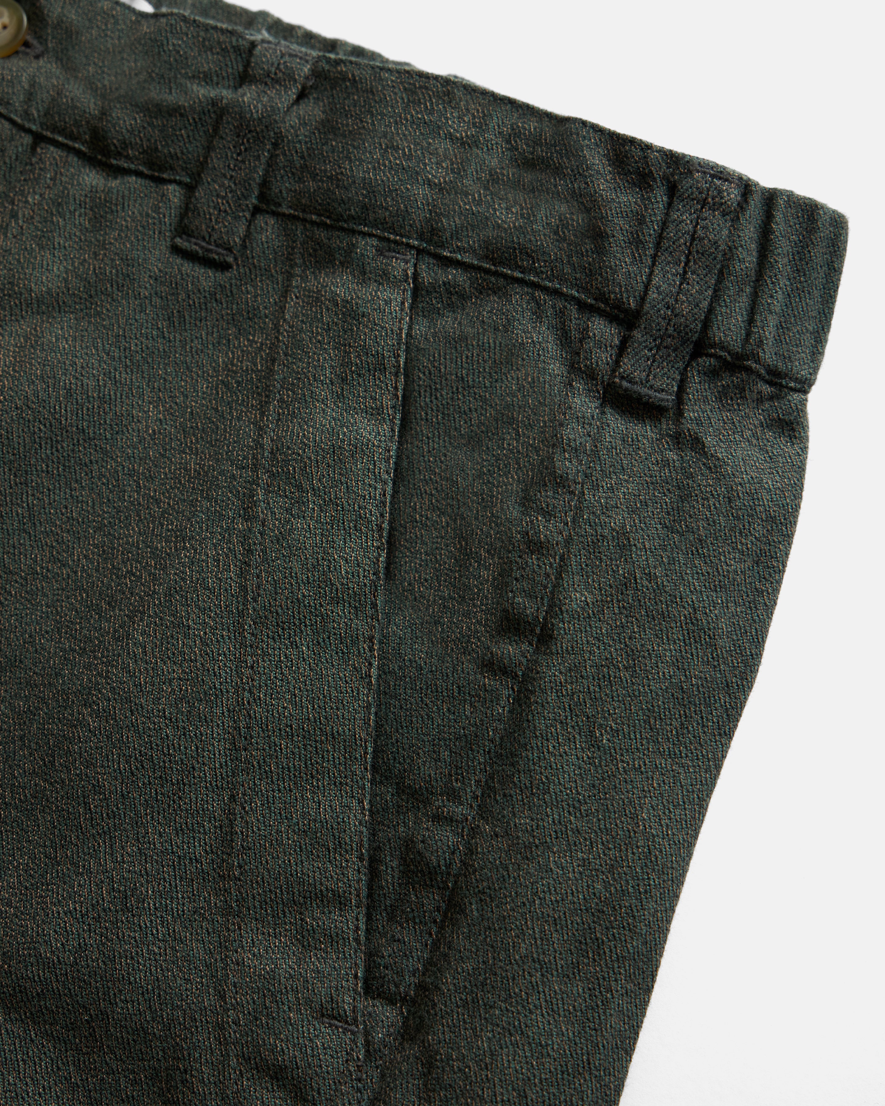 ROY BAKER SHORT -  FATIGUE OLIVE / BLACK / OFFICER KHAKI BEESWAX COATED WOODLAND COVERT CLOTH COTTON TWILL