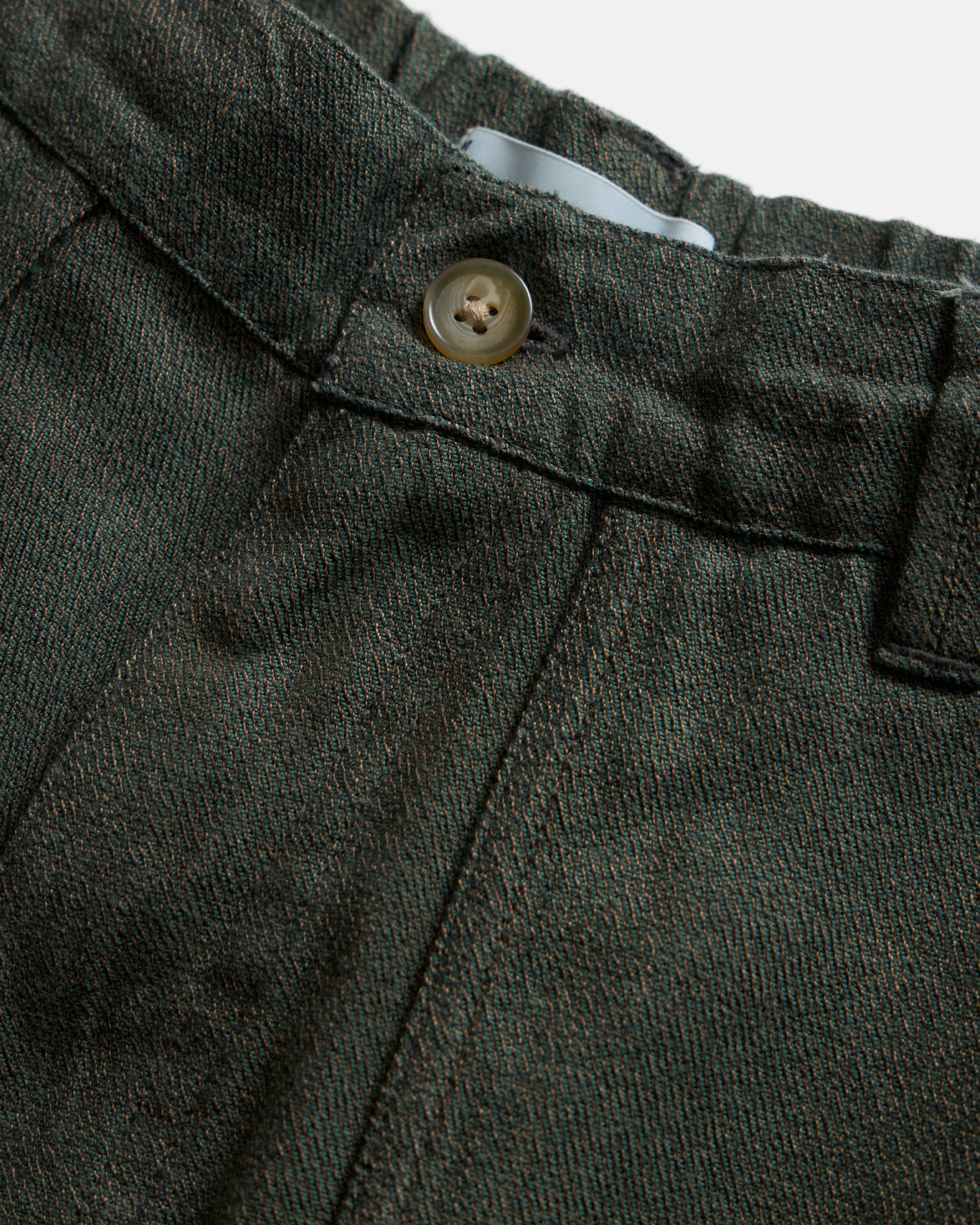 ROY BAKER SHORT -  FATIGUE OLIVE / BLACK / OFFICER KHAKI BEESWAX COATED WOODLAND COVERT CLOTH COTTON TWILL