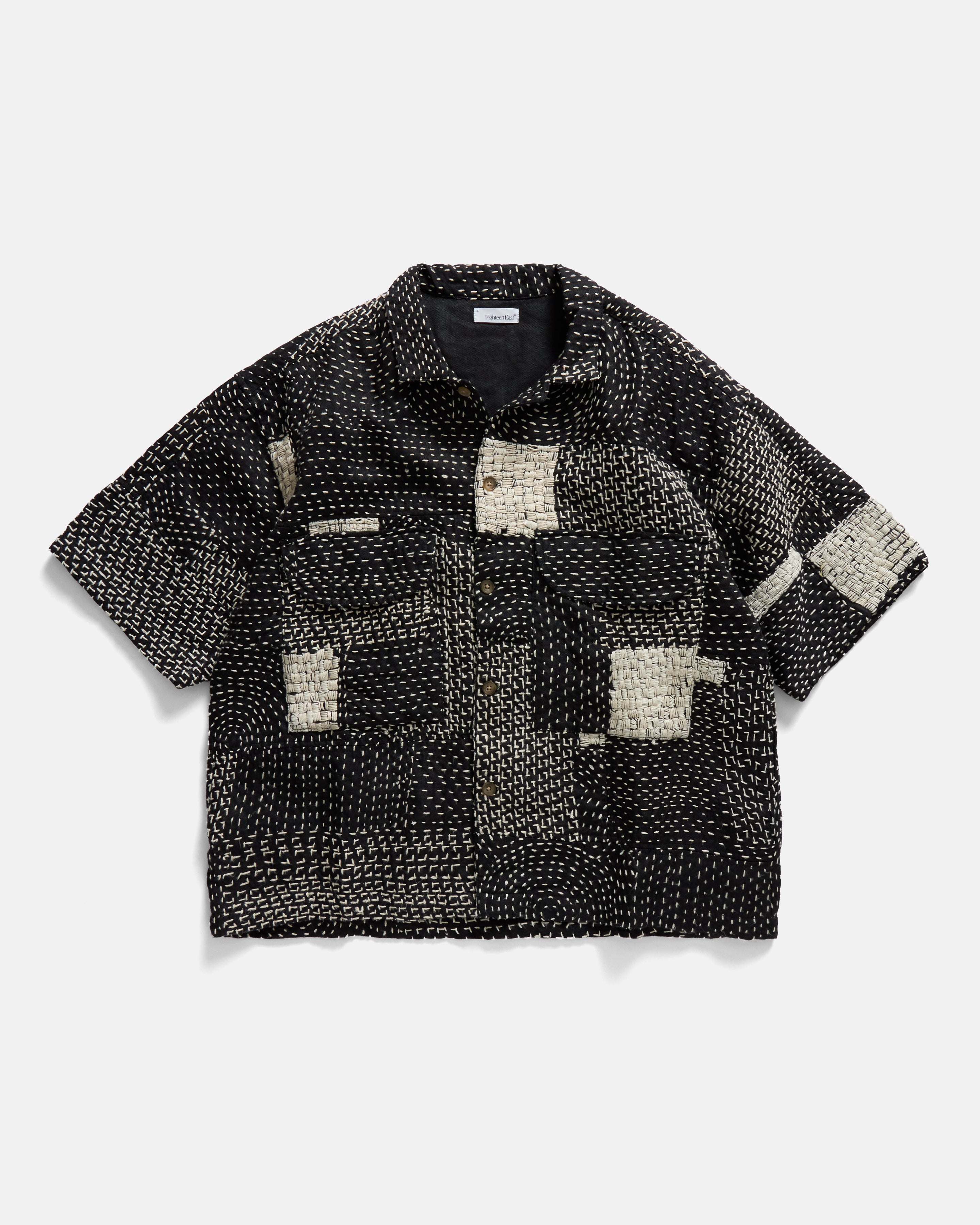S/S AGEROLA SHIRT - BLACK / ECRU PATCHWORK KANTHA STITCHED COTTON