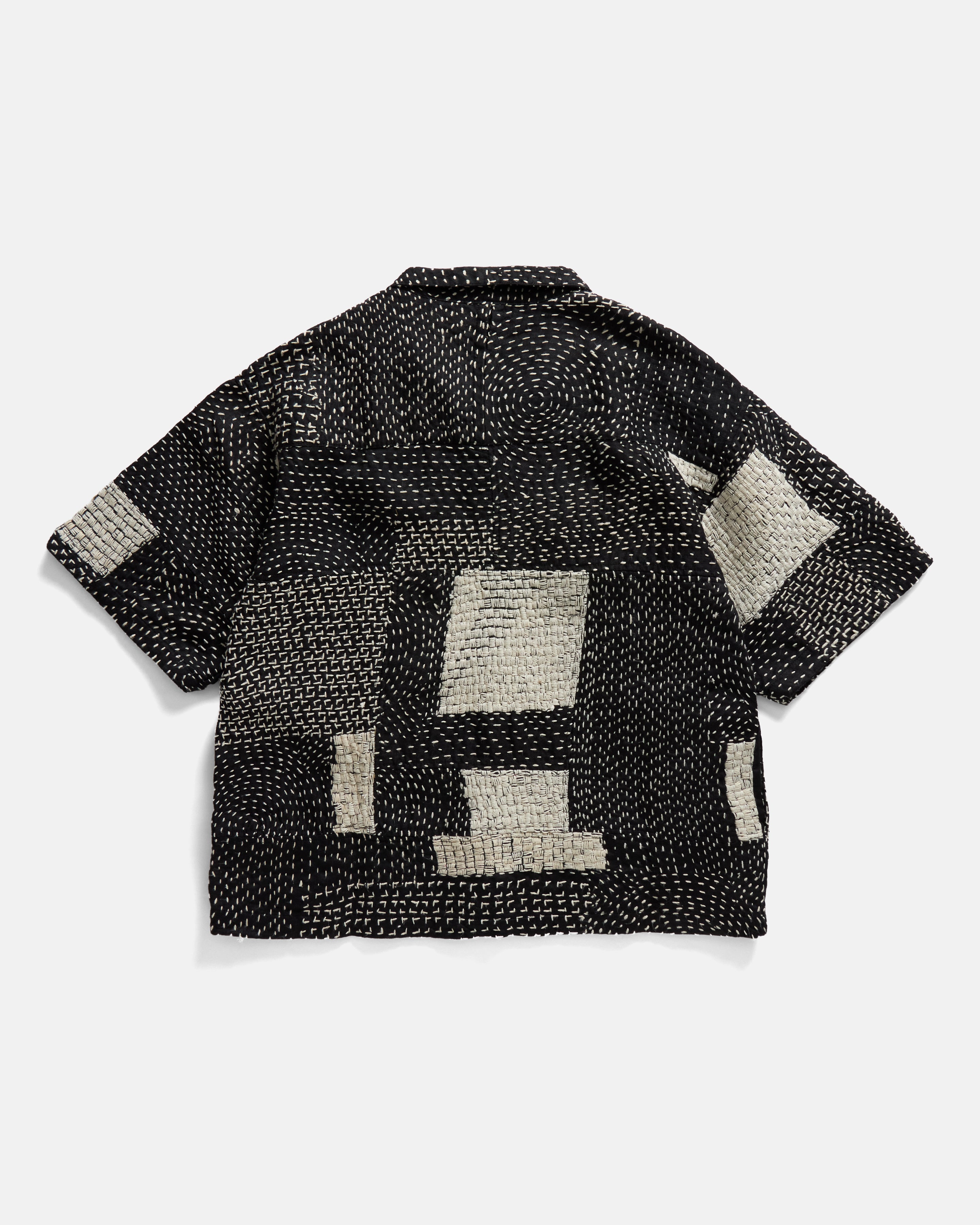 S/S AGEROLA SHIRT - BLACK / ECRU PATCHWORK KANTHA STITCHED COTTON