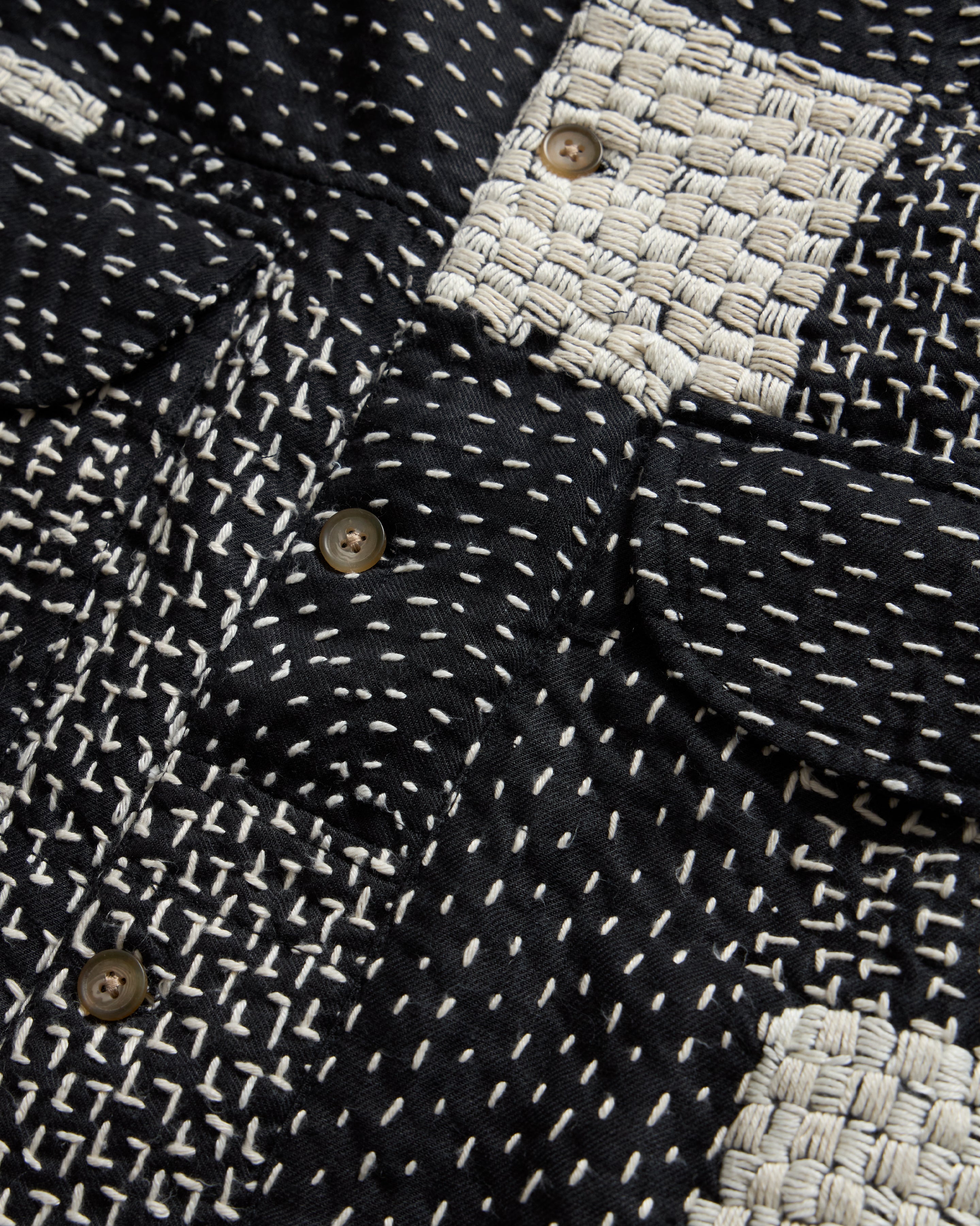 S/S AGEROLA SHIRT - BLACK / ECRU PATCHWORK KANTHA STITCHED COTTON