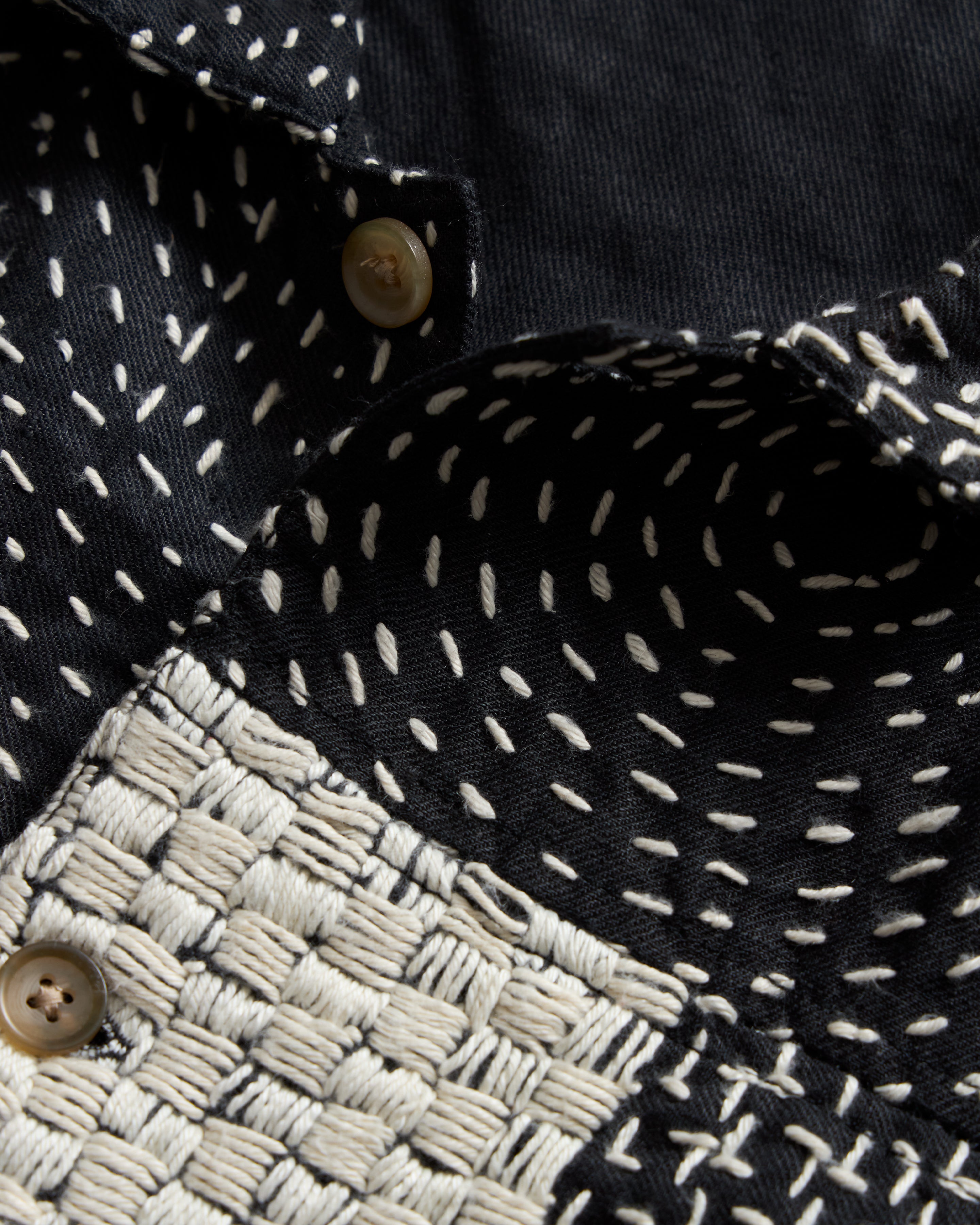 S/S AGEROLA SHIRT - BLACK / ECRU PATCHWORK KANTHA STITCHED COTTON