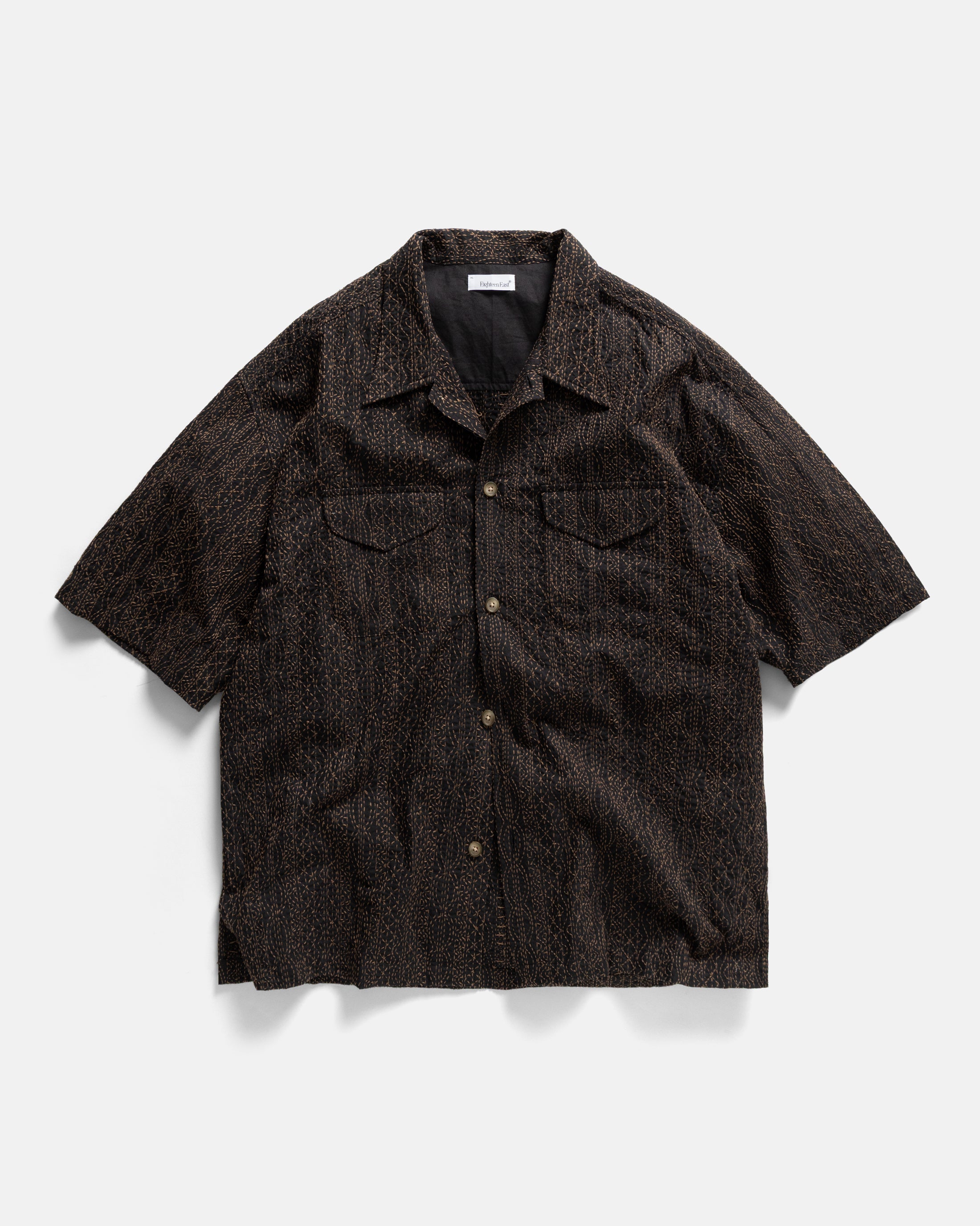 S/S WES STRAIGHT HEM WORK SHIRT - BLACK / CARAMEL FULLY HAND-EMBROIDERED COTTON POPLIN