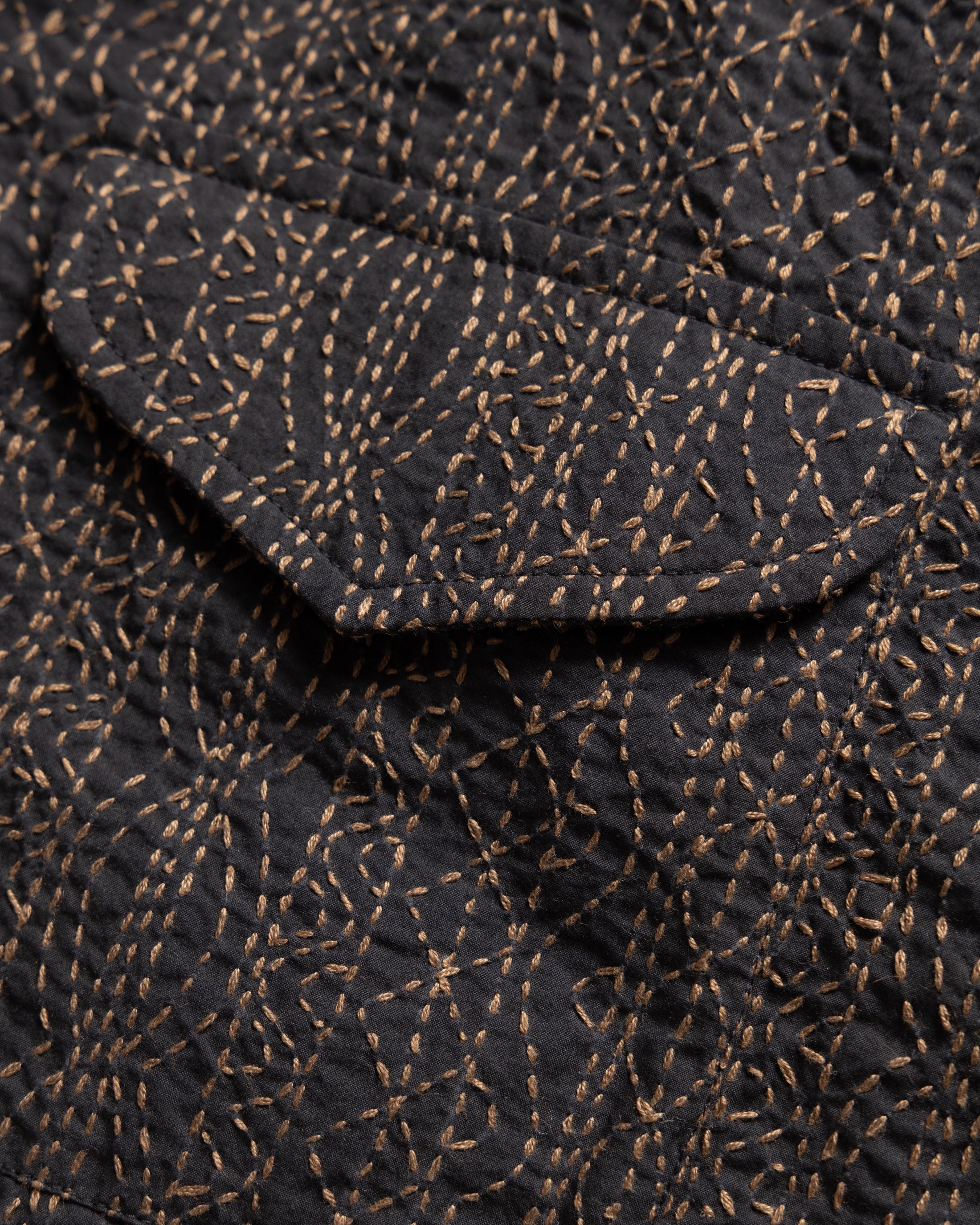 S/S WES STRAIGHT HEM WORK SHIRT - BLACK / CARAMEL FULLY HAND-EMBROIDERED COTTON POPLIN