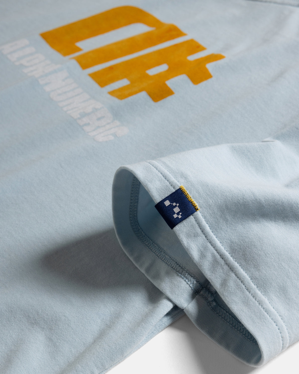 A# HAND BLOCK PRINTED RAE ALY TEE - BARELY NATURAL INDIGO / WHITE / GOLDENROD 7.75 oz. ALL SEASON COTTON JERSEY