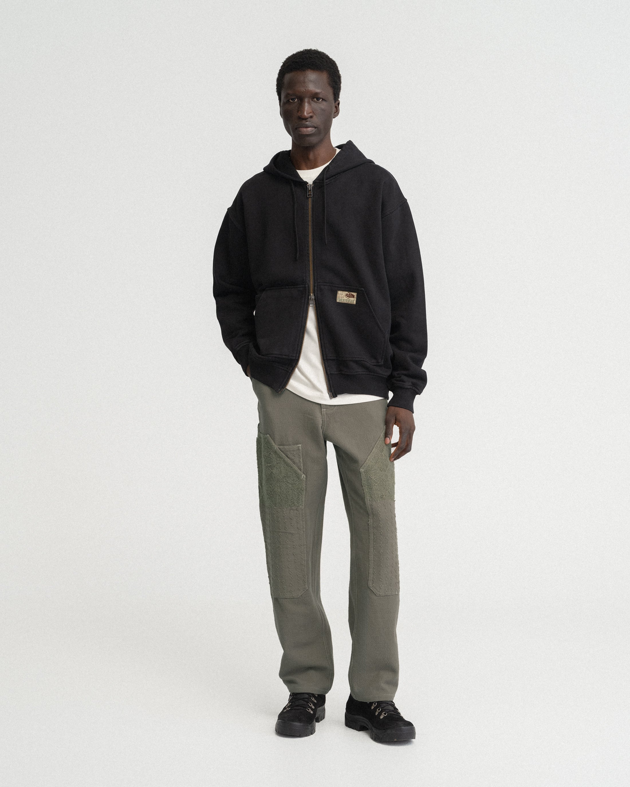 TOLMIE FULLZIP SWEATSHIRT - OVERDYED BLACK 19oz. ALL COTTON FLEECE WITH EARTH PAISLEY PRINTED LOOPBACK TERRY BACK