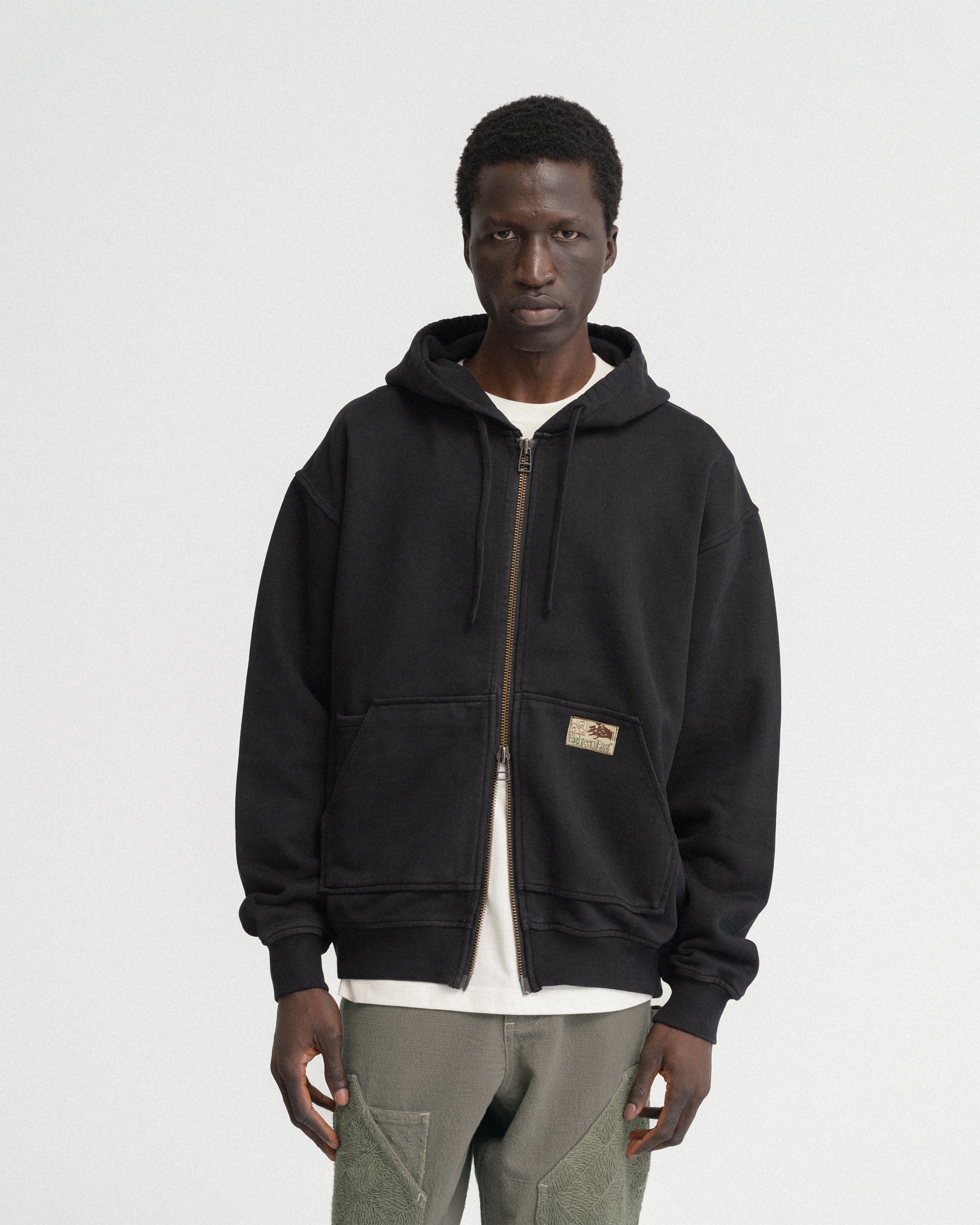 TOLMIE FULLZIP SWEATSHIRT - OVERDYED BLACK 19oz. ALL COTTON FLEECE WITH EARTH PAISLEY PRINTED LOOPBACK TERRY BACK