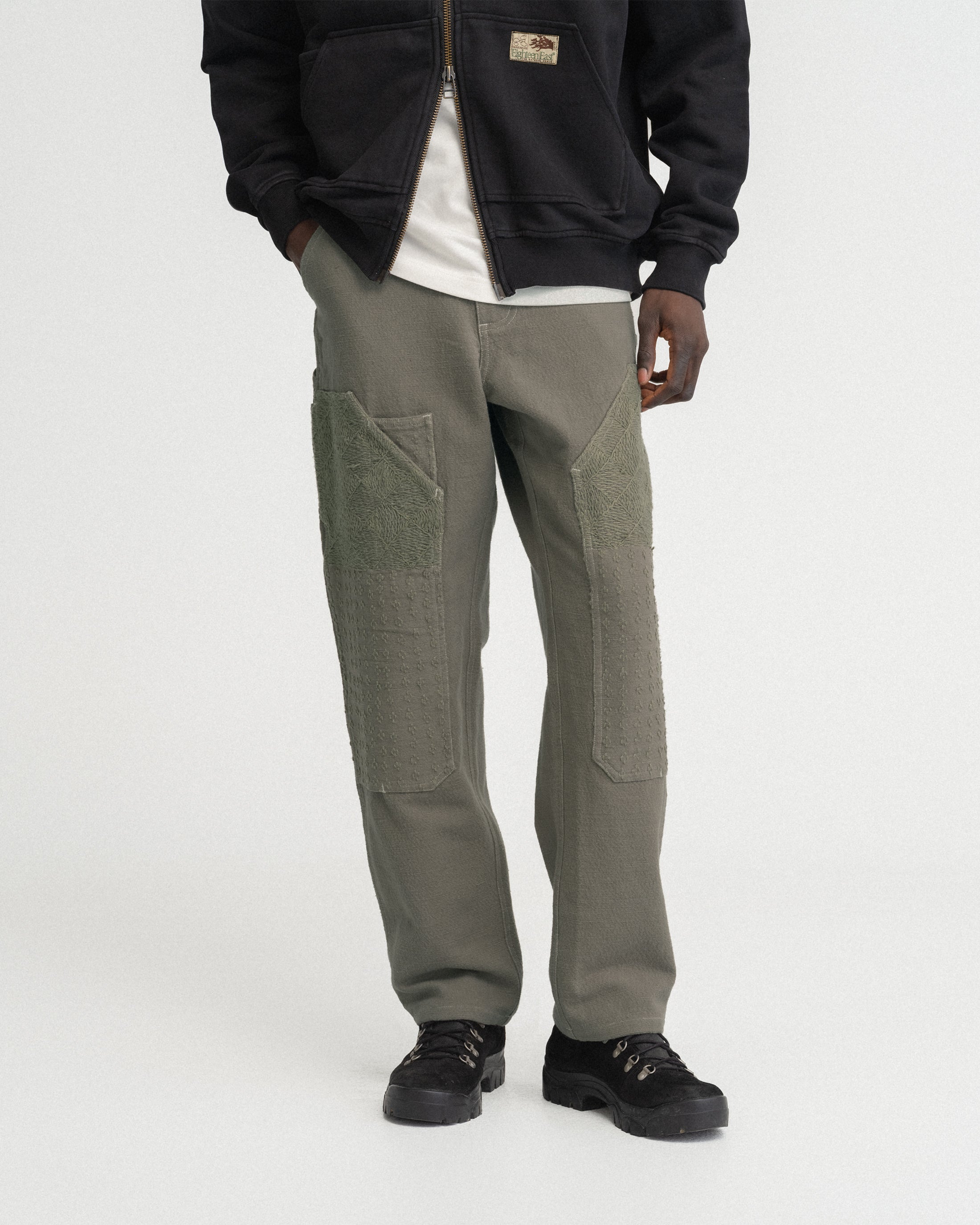 ELI HAND-EMBROIDERED DOUBLE KNEE WORK PANT - AGED SAGE HANDSPUN COTTON CANVAS