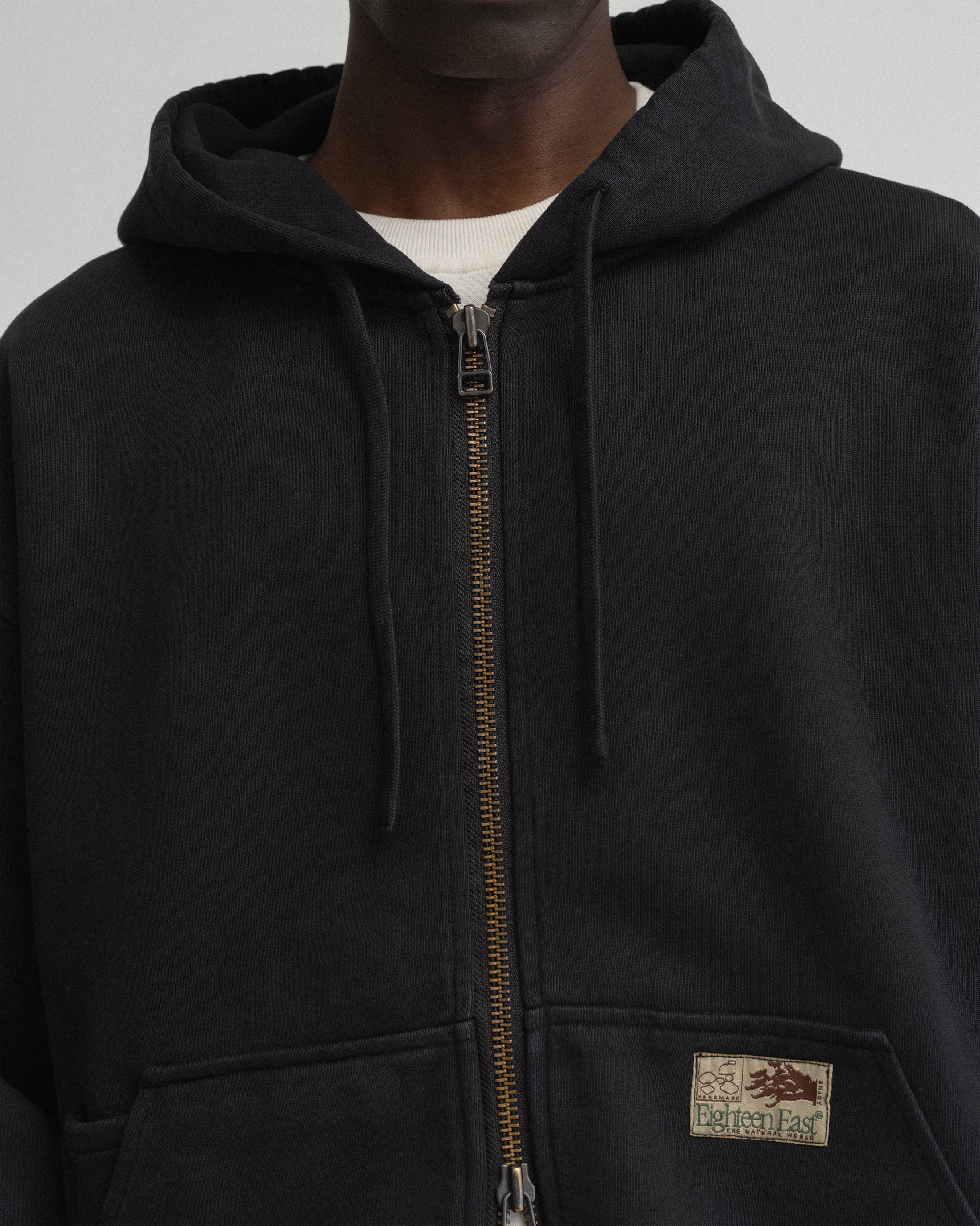 TOLMIE FULLZIP SWEATSHIRT - OVERDYED BLACK 19oz. ALL COTTON FLEECE WITH EARTH PAISLEY PRINTED LOOPBACK TERRY BACK