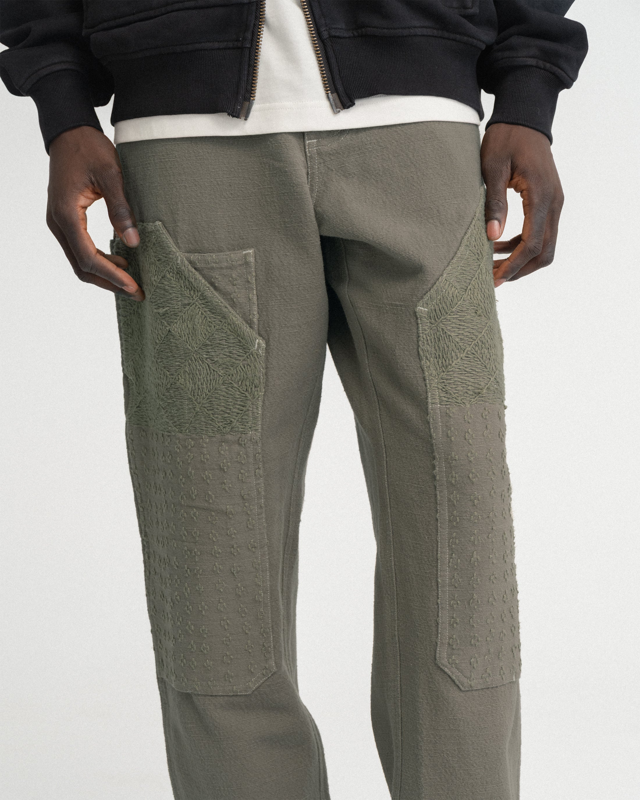 ELI HAND-EMBROIDERED DOUBLE KNEE WORK PANT - AGED SAGE HANDSPUN COTTON CANVAS
