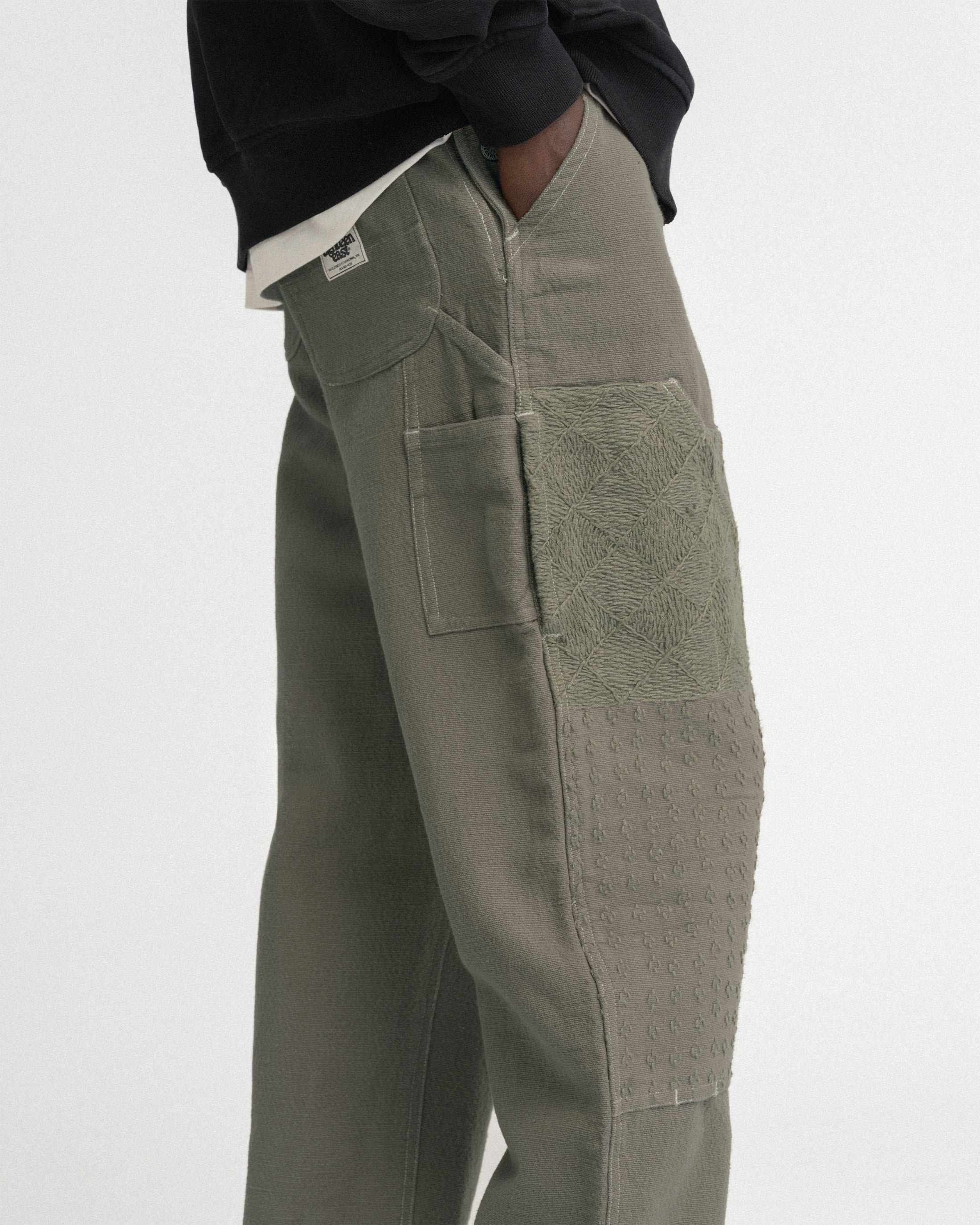ELI HAND-EMBROIDERED DOUBLE KNEE WORK PANT - AGED SAGE HANDSPUN COTTON CANVAS