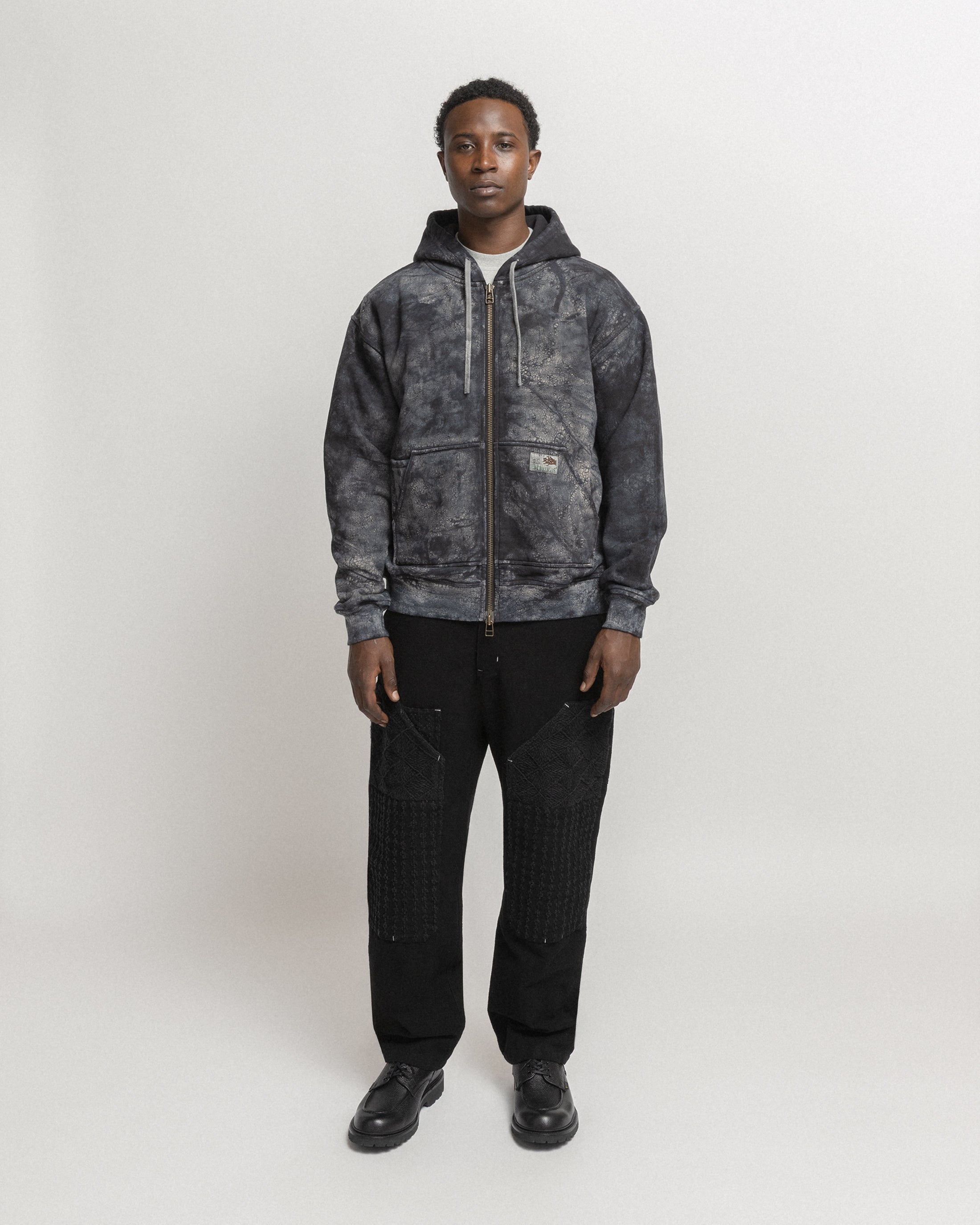 TOLMIE FULLZIP SWEATSHIRT - BLACK DABU DYED 19oz. ALL COTTON FLEECE WITH EARTH PAISLEY PRINTED LOOPBACK TERRY BACK