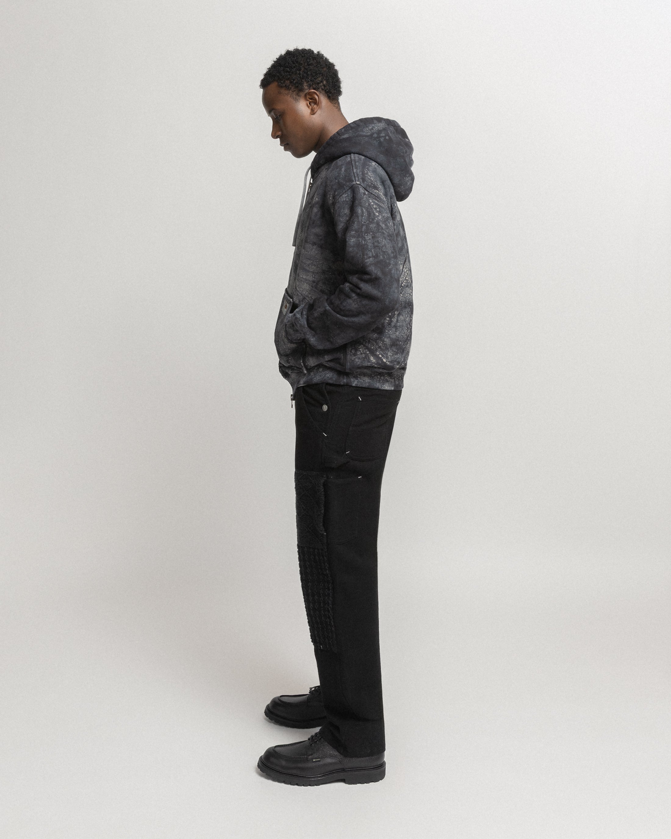 TOLMIE FULLZIP SWEATSHIRT - BLACK DABU DYED 19oz. ALL COTTON FLEECE WITH EARTH PAISLEY PRINTED LOOPBACK TERRY BACK