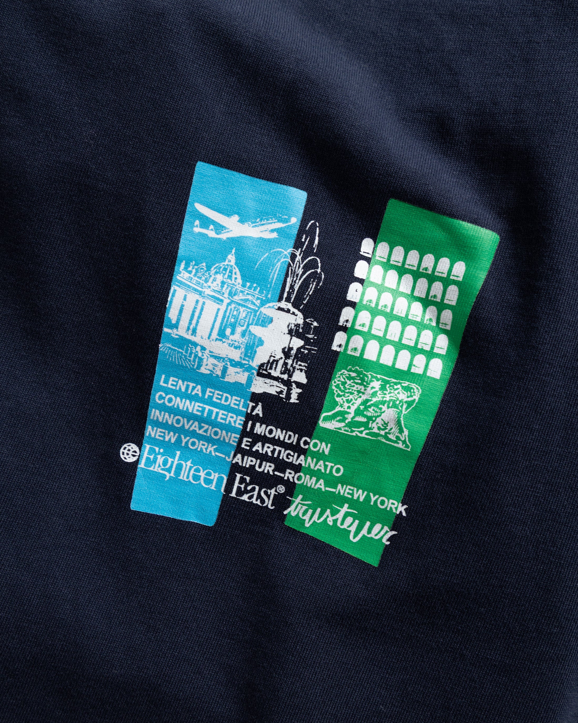18 EAST x TRUSTEVER FIRST FLIGHT TEE - NAVY / PANAM BLUE / GRASS 7.75 oz. ALL SEASON COTTON JERSEY