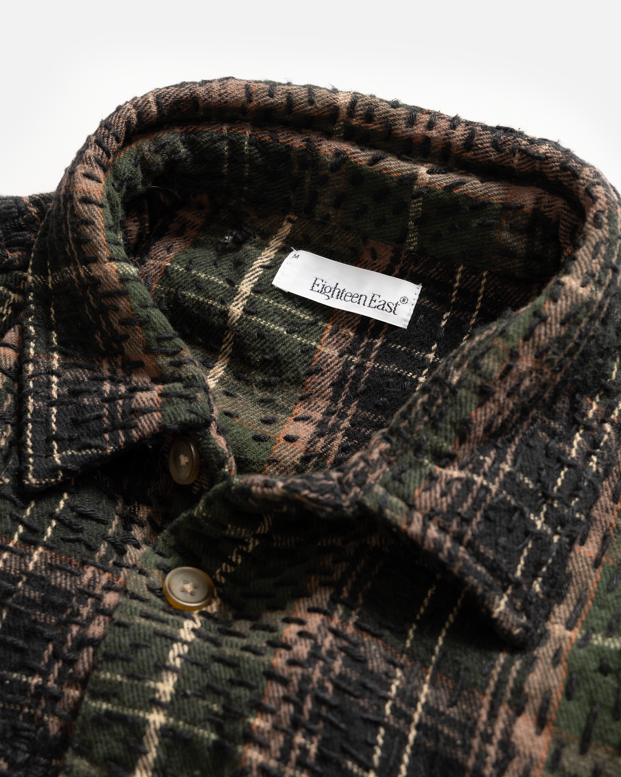 PILCHUCK HAND-EMBROIDERED OVERSHIRT - HUNTER / SHROOM / ECRU / CLAY COTTON FLANNEL WITH KANTHA STITCHING