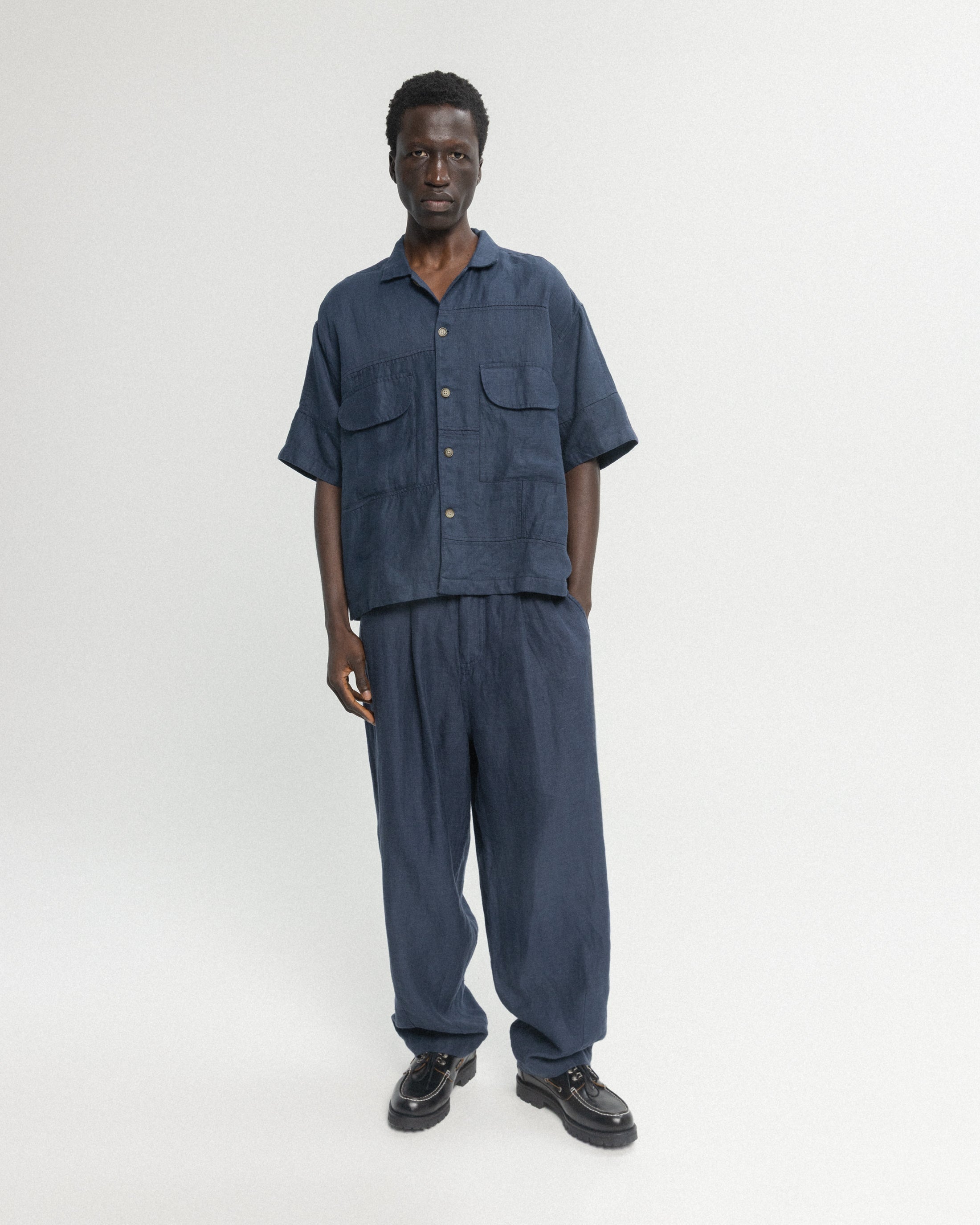SS AGEROLA LATTICE STITCHED PATCHWORK SHIRT- NAVY LINEN TWILL