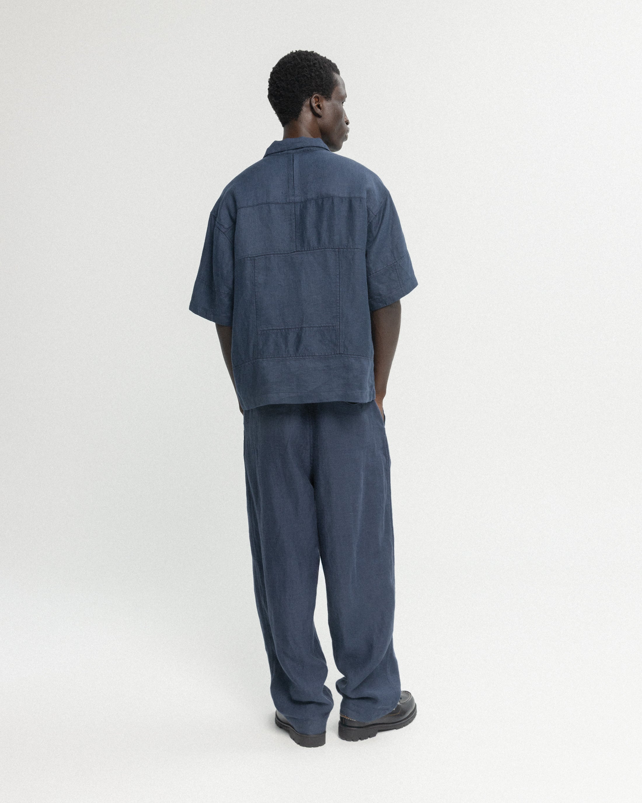 SS AGEROLA LATTICE STITCHED PATCHWORK SHIRT- NAVY LINEN TWILL