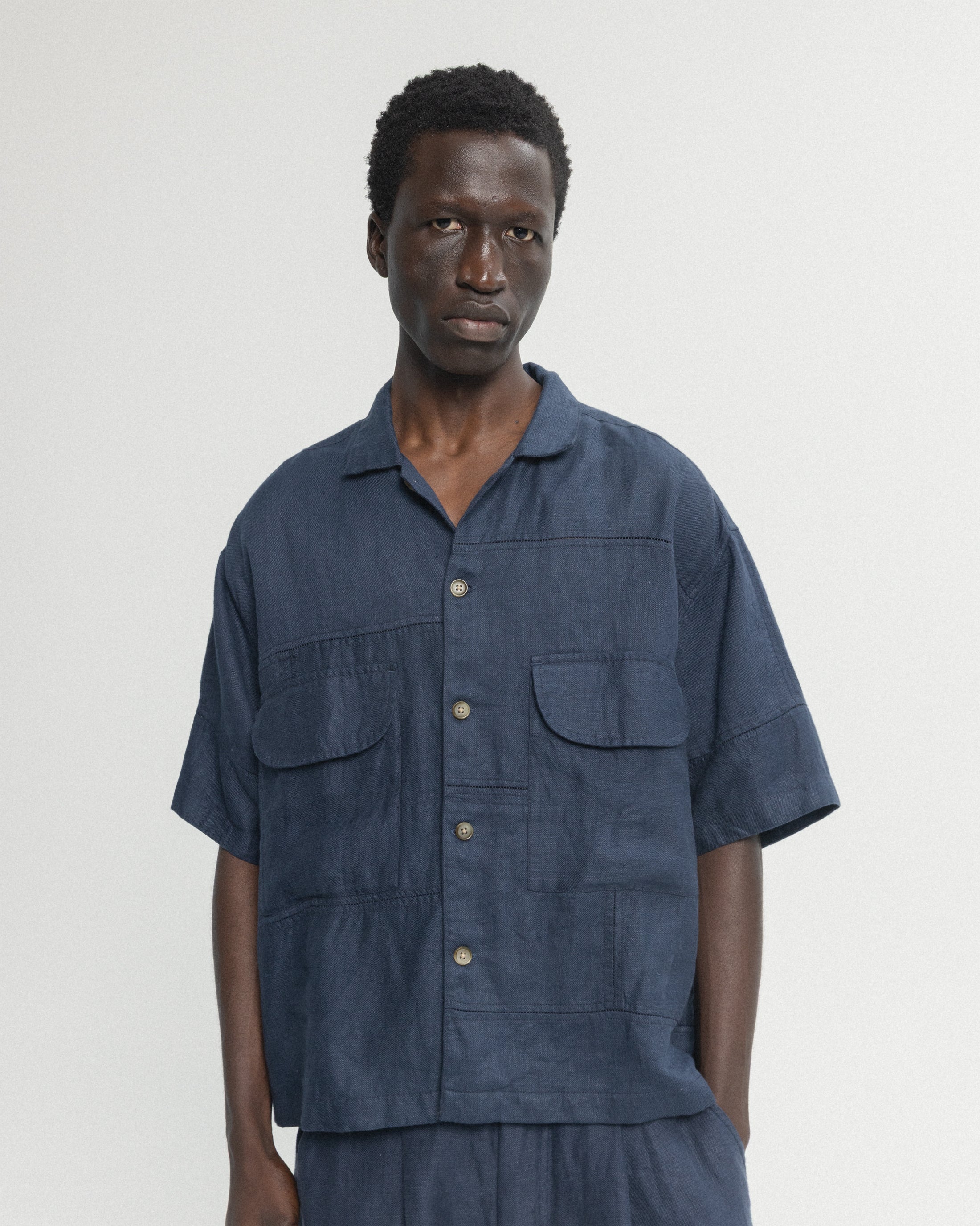 SS AGEROLA LATTICE STITCHED PATCHWORK SHIRT- NAVY LINEN TWILL