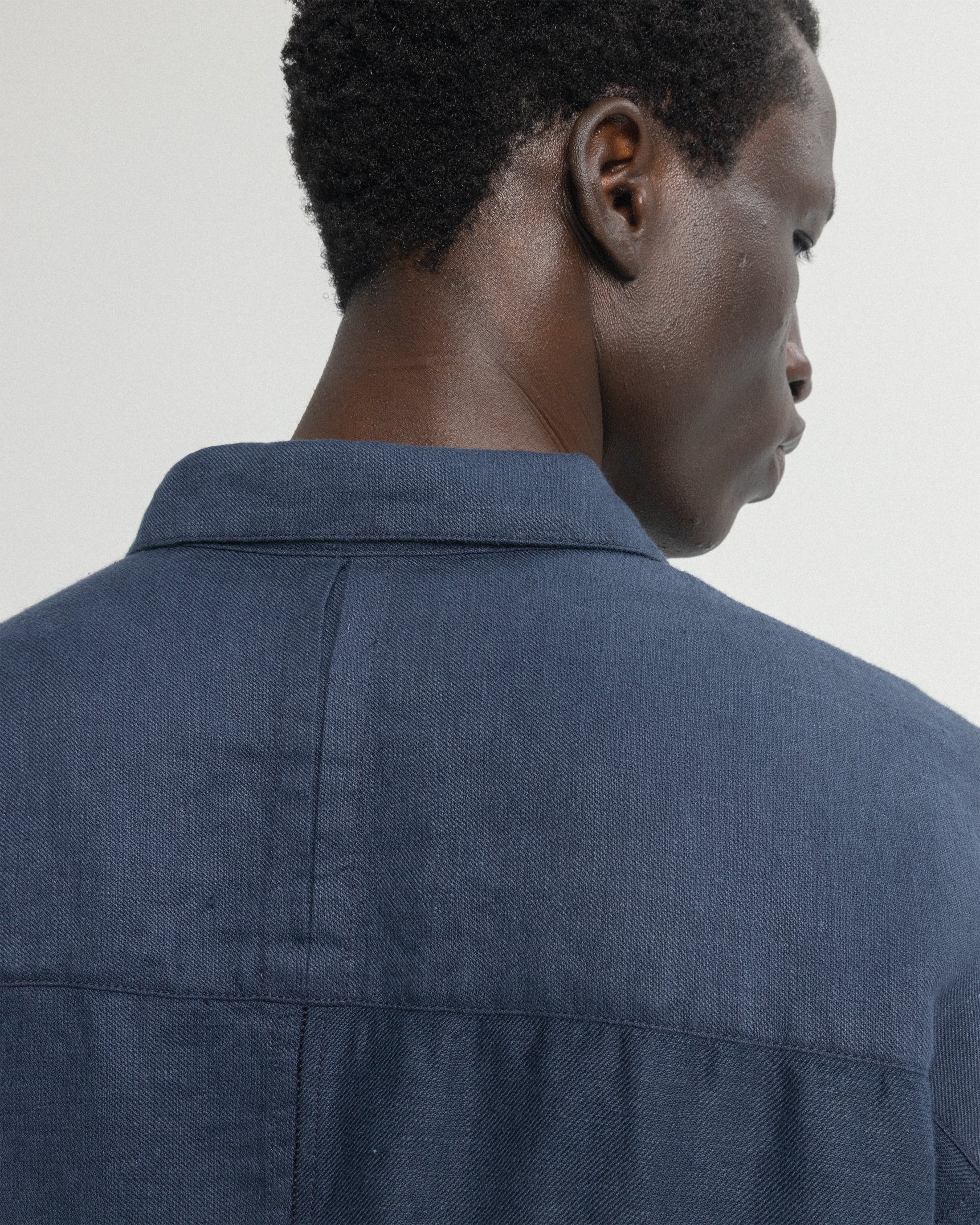 SS AGEROLA LATTICE STITCHED PATCHWORK SHIRT- NAVY LINEN TWILL