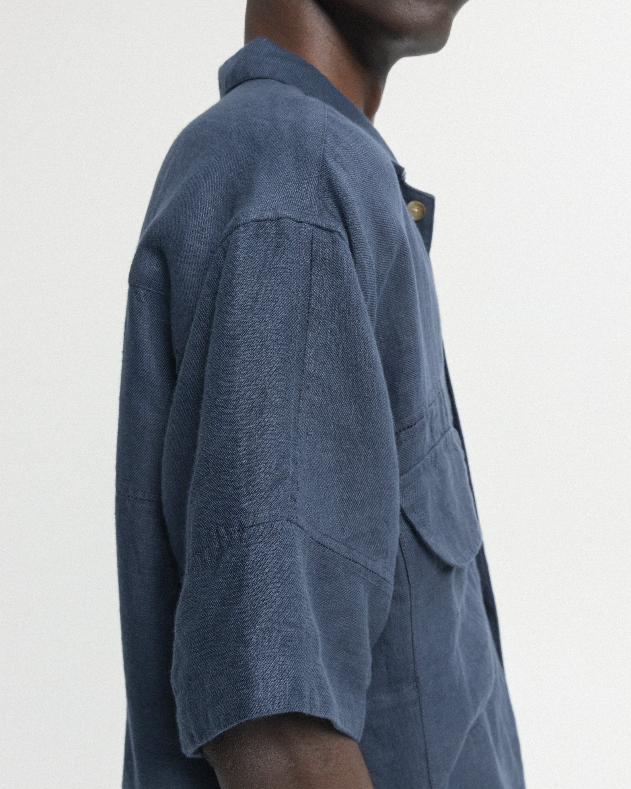 SS AGEROLA LATTICE STITCHED PATCHWORK SHIRT- NAVY LINEN TWILL