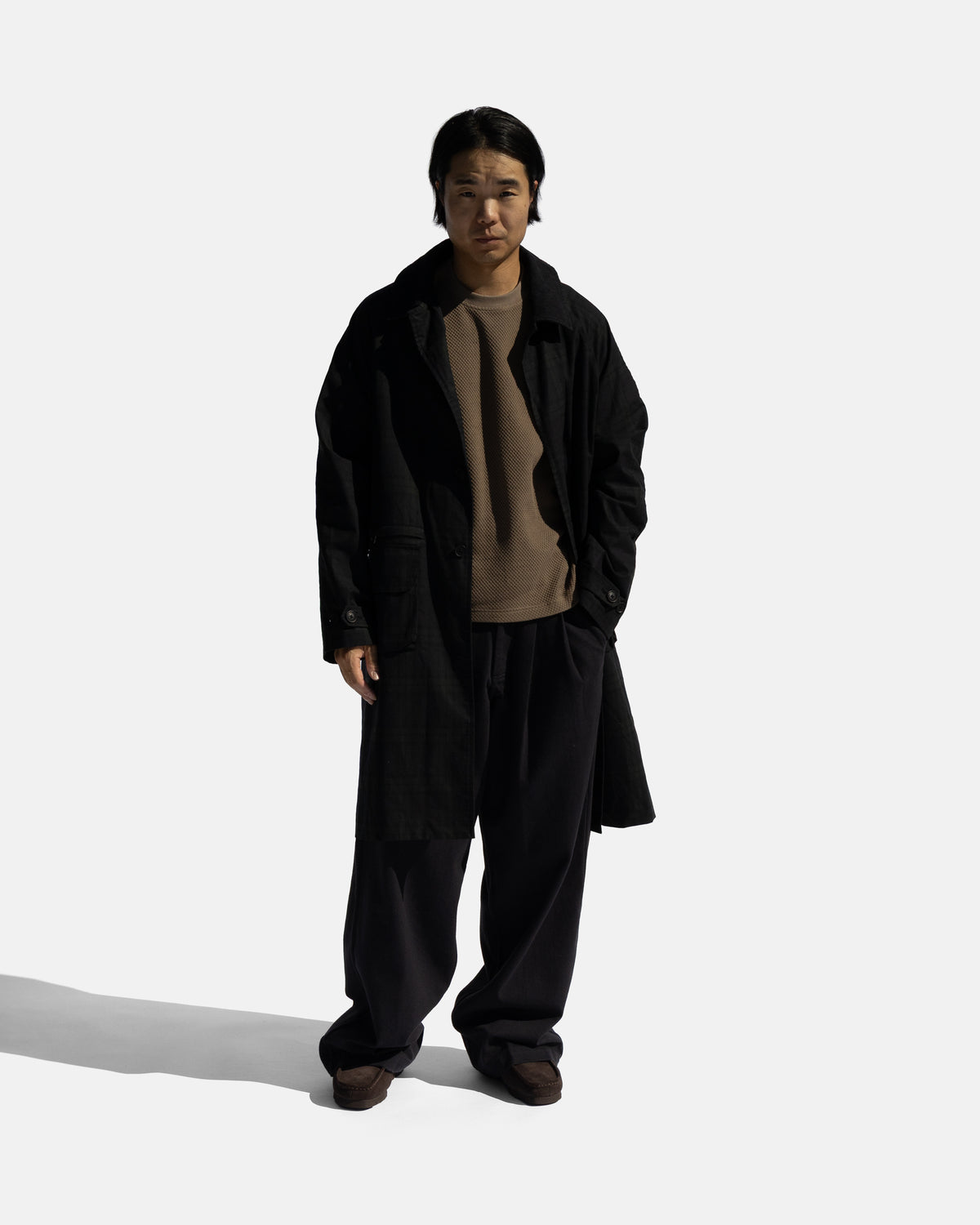 MITCHELL DUSTER COAT - BARELY BLACKWATCH BEESWAX COATED COTTON TWILL AND BLACK COTTON CORDUROY