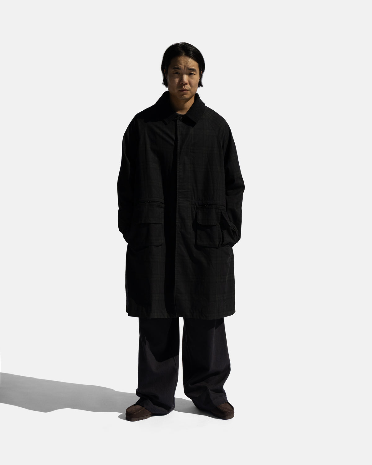 MITCHELL DUSTER COAT - BARELY BLACKWATCH BEESWAX COATED COTTON TWILL AND BLACK COTTON CORDUROY