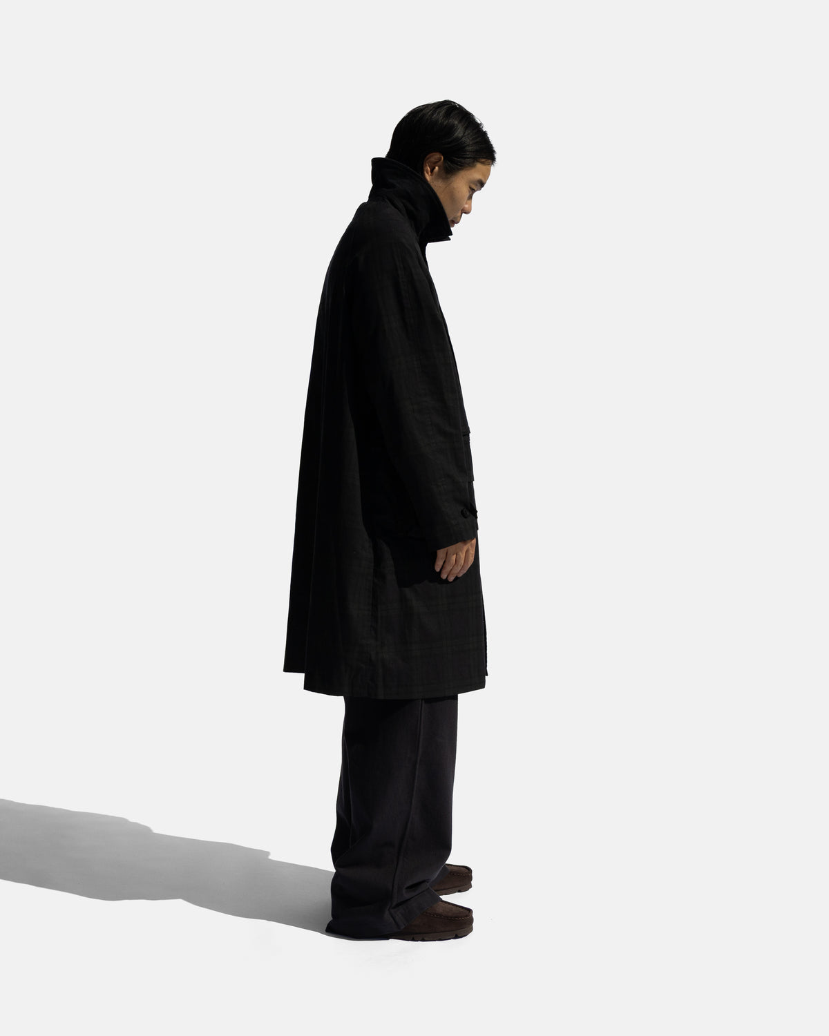 MITCHELL DUSTER COAT - BARELY BLACKWATCH BEESWAX COATED COTTON TWILL AND BLACK COTTON CORDUROY