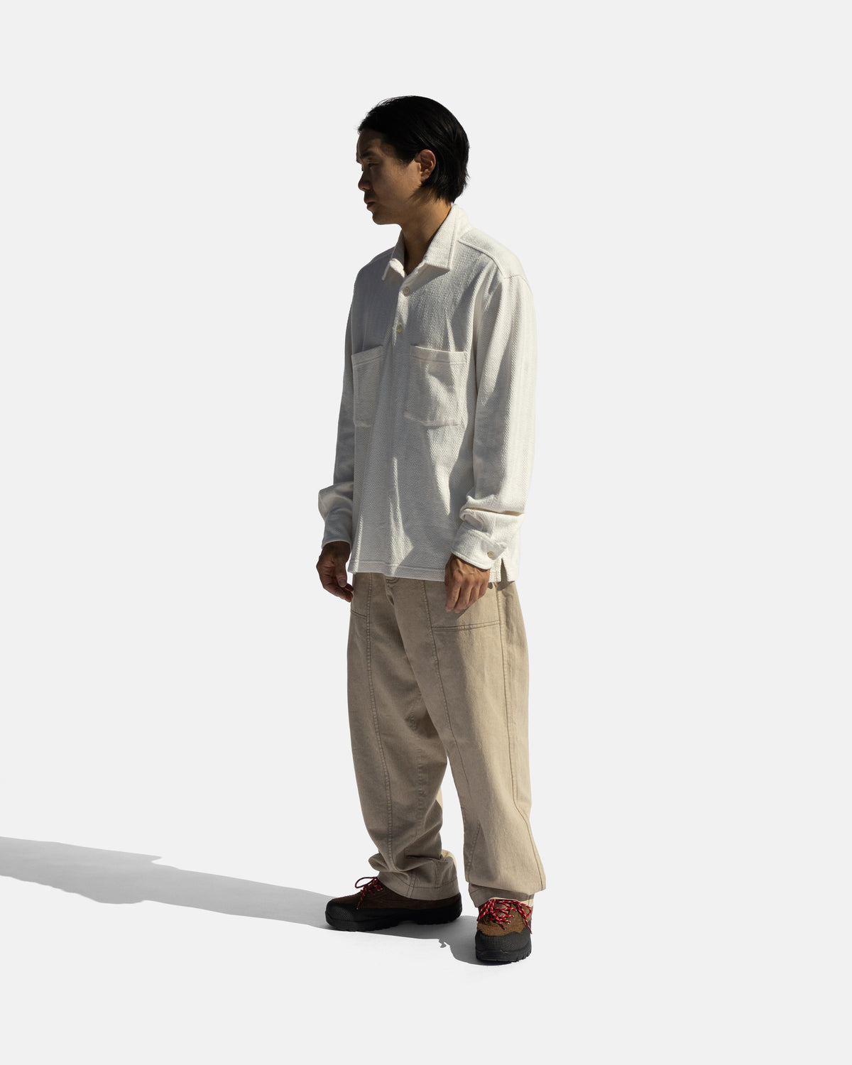 LS HOLLOW WORK POLO - UNDYED KNIT HERRINGBONE JACQUARD COTTON JERSEY