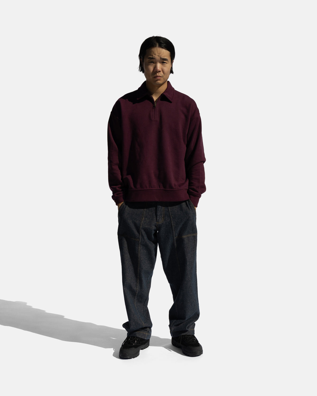 COLLAN ZIP COLLARED SWEATSHIRT - BORDEAUX 19oz. ALL COTTON LOOPBACK TERRY FLEECE