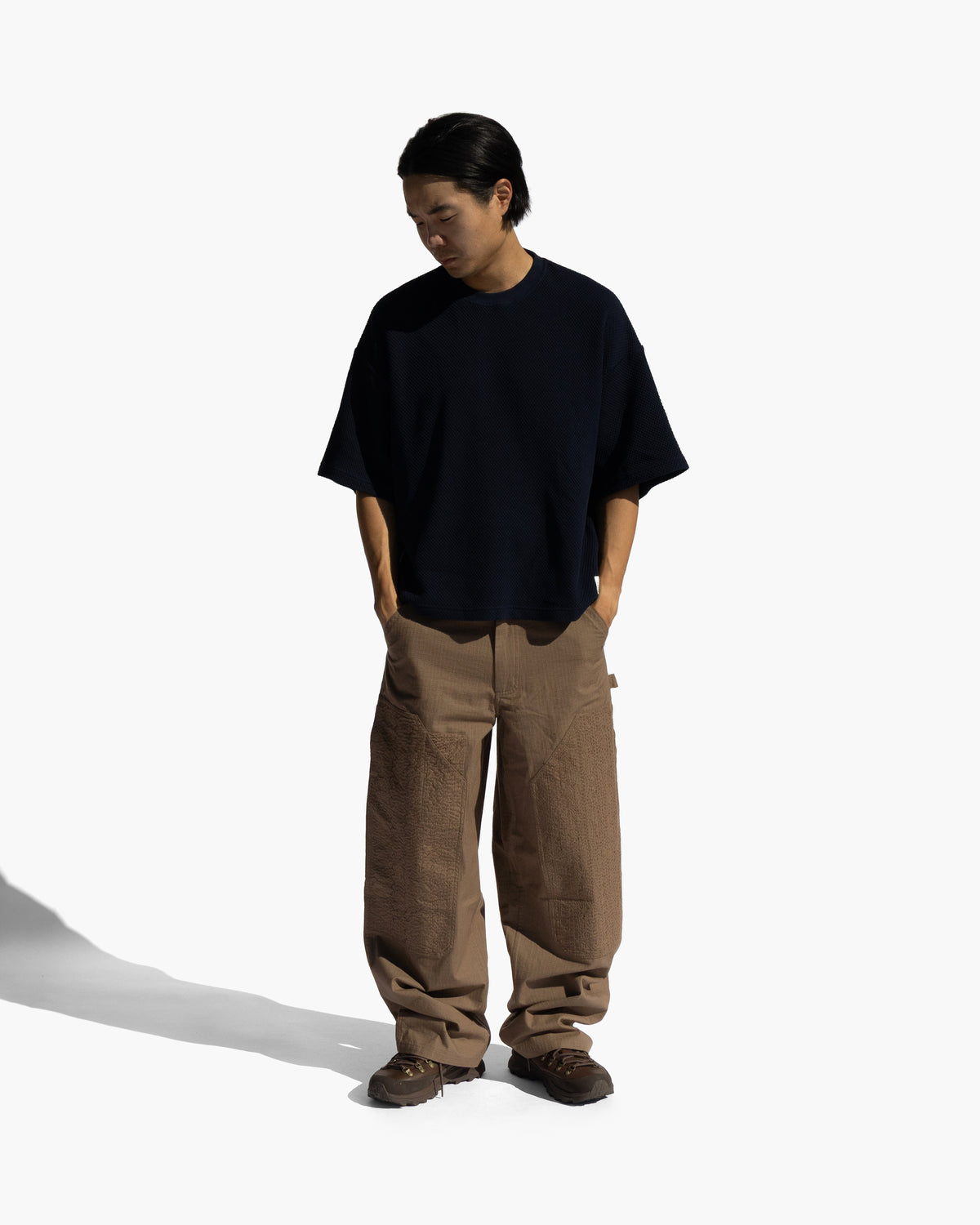 WIDE STUDIO DOUBLE KNEE WORK PANT - FOSSIL BROWN HAND-EMBROIDERED COTTON RIPSTOP