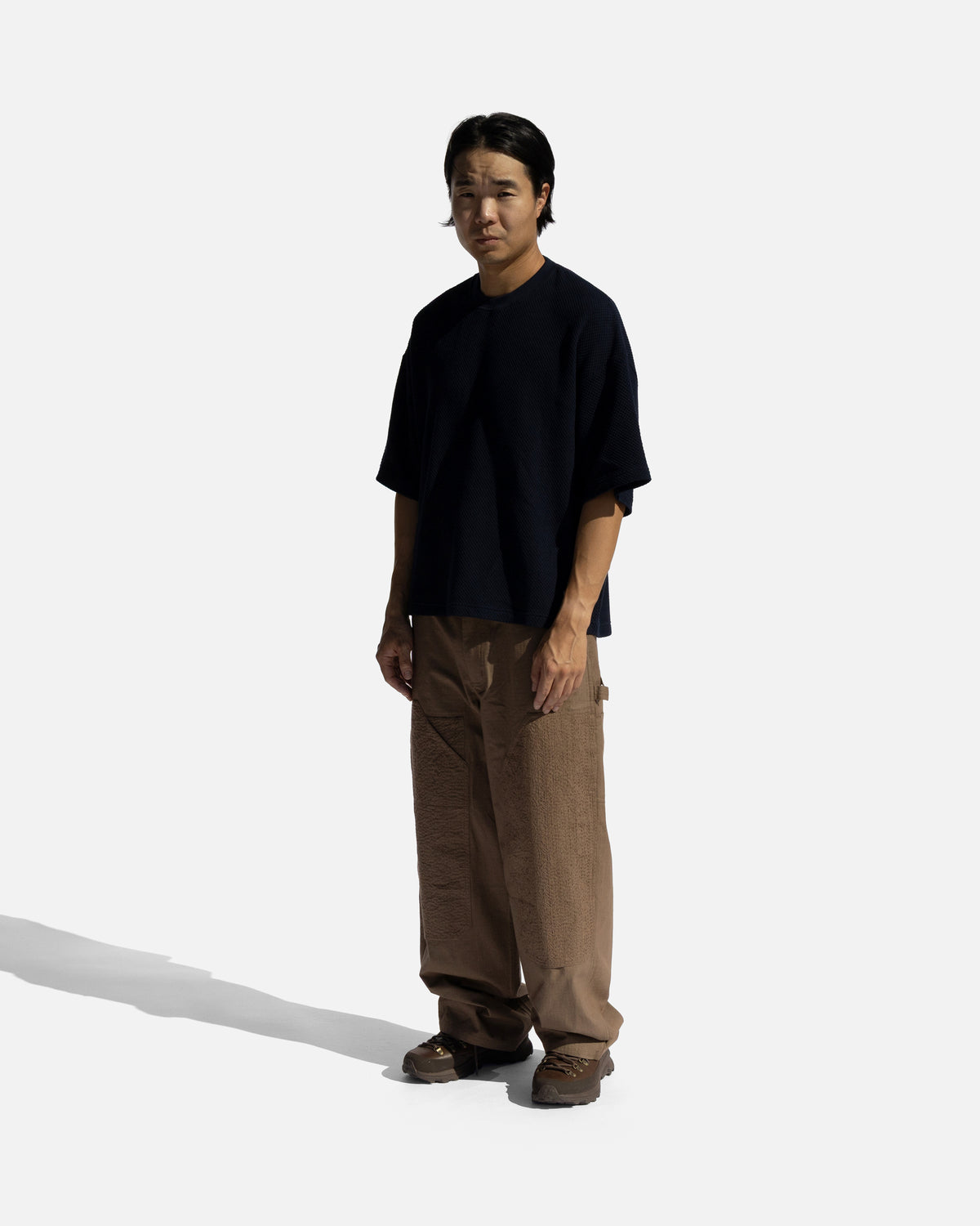 WIDE STUDIO DOUBLE KNEE WORK PANT - FOSSIL BROWN HAND-EMBROIDERED COTTON RIPSTOP