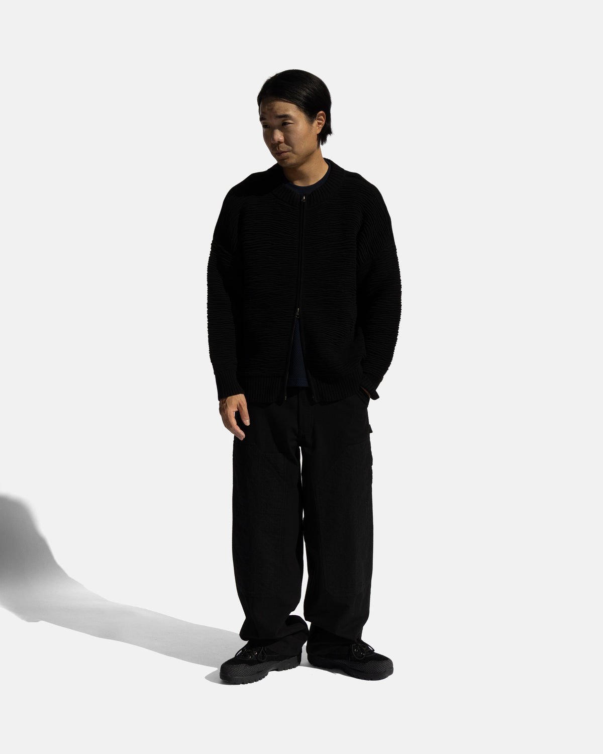 WIDE STUDIO DOUBLE KNEE WORK PANT - WASHED BLACK HAND-EMBROIDERED COTTON RIPSTOP
