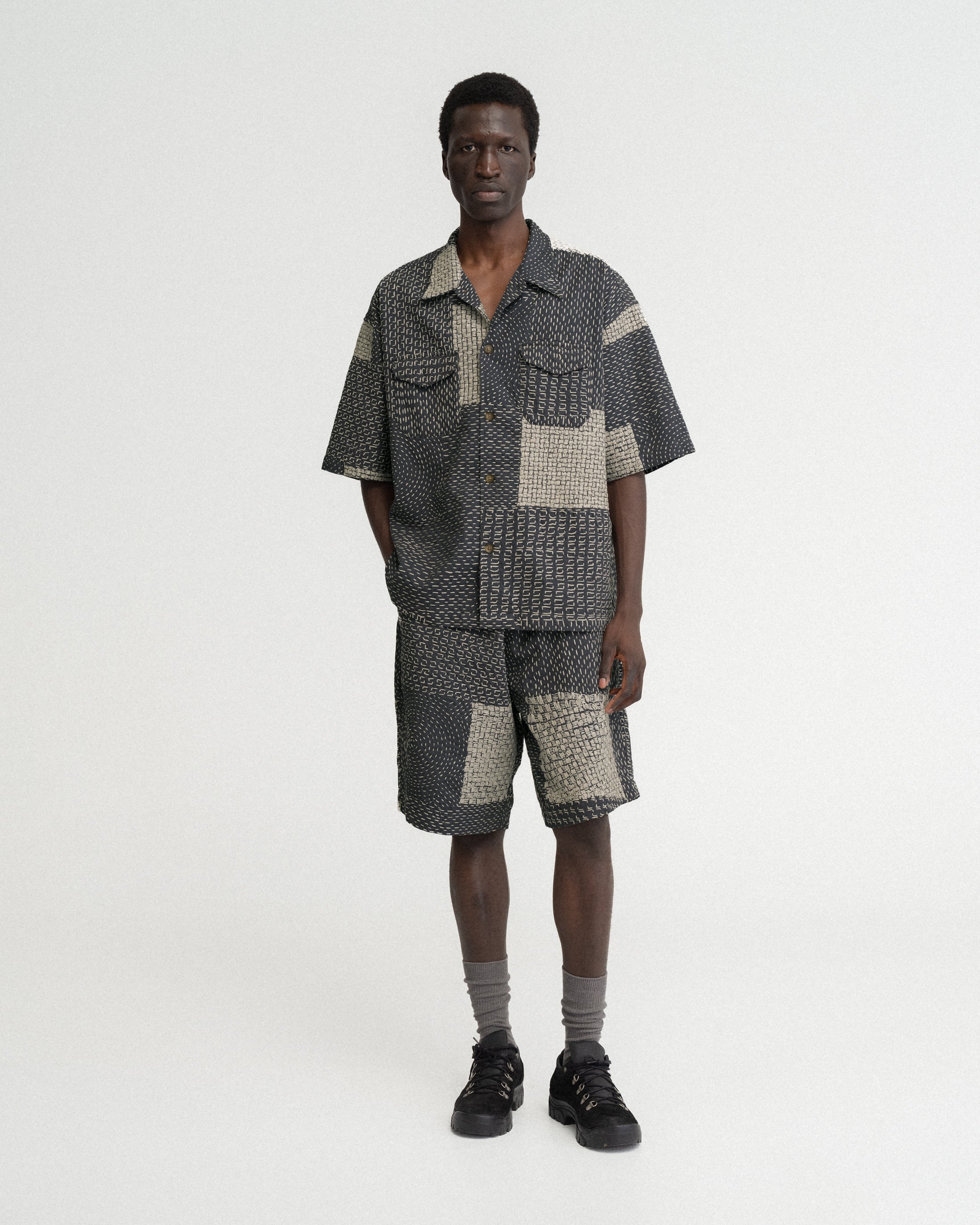S/S WES SHIRT - WASHED SLATE/ECRU PATCHWORK KANTHA STITCHED COTTON CANVAS