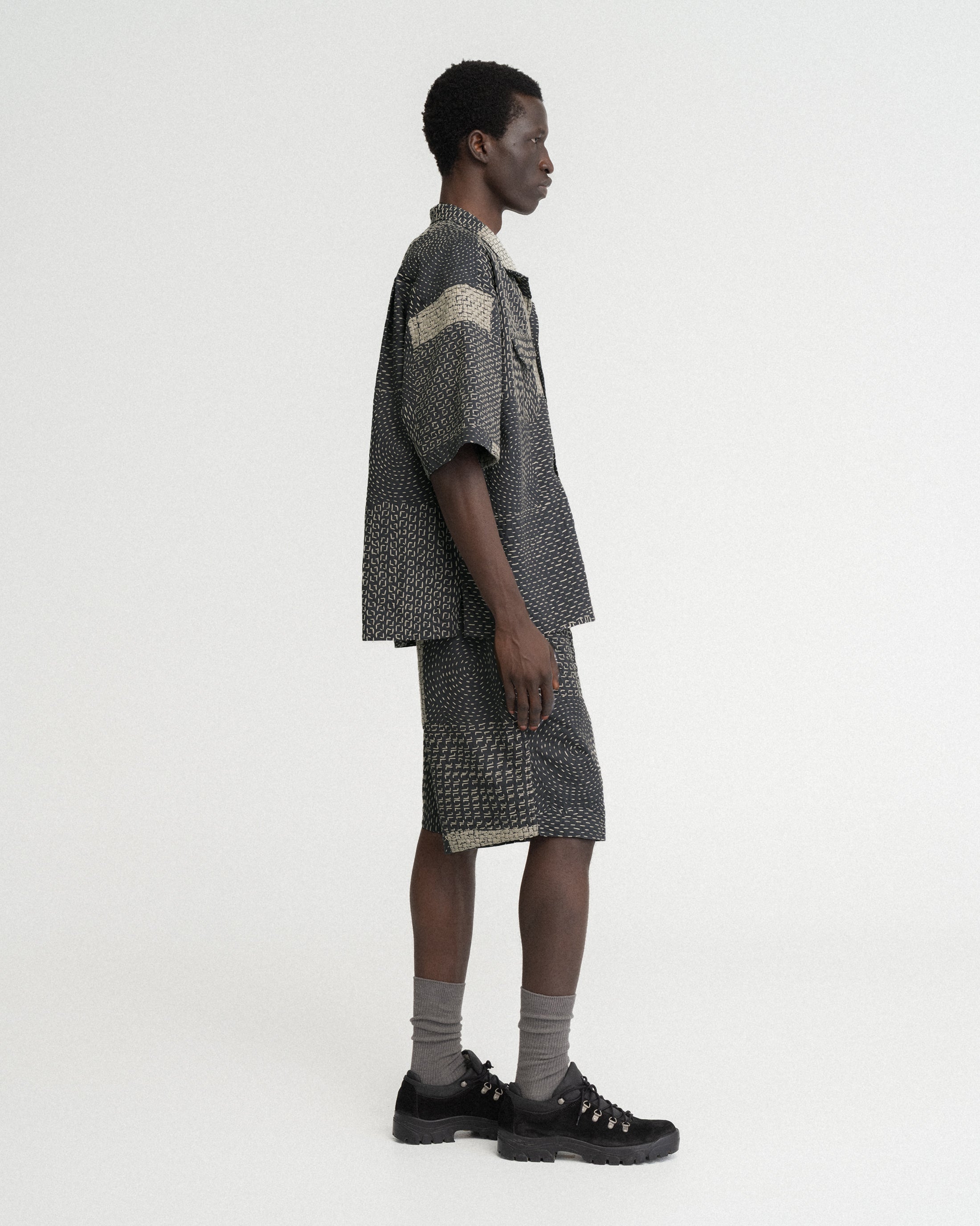 JAIPUR EASY SHORTS - WASHED SLATE/ECRU PATCHWORK KANTHA STITCHED COTTON CANVAS