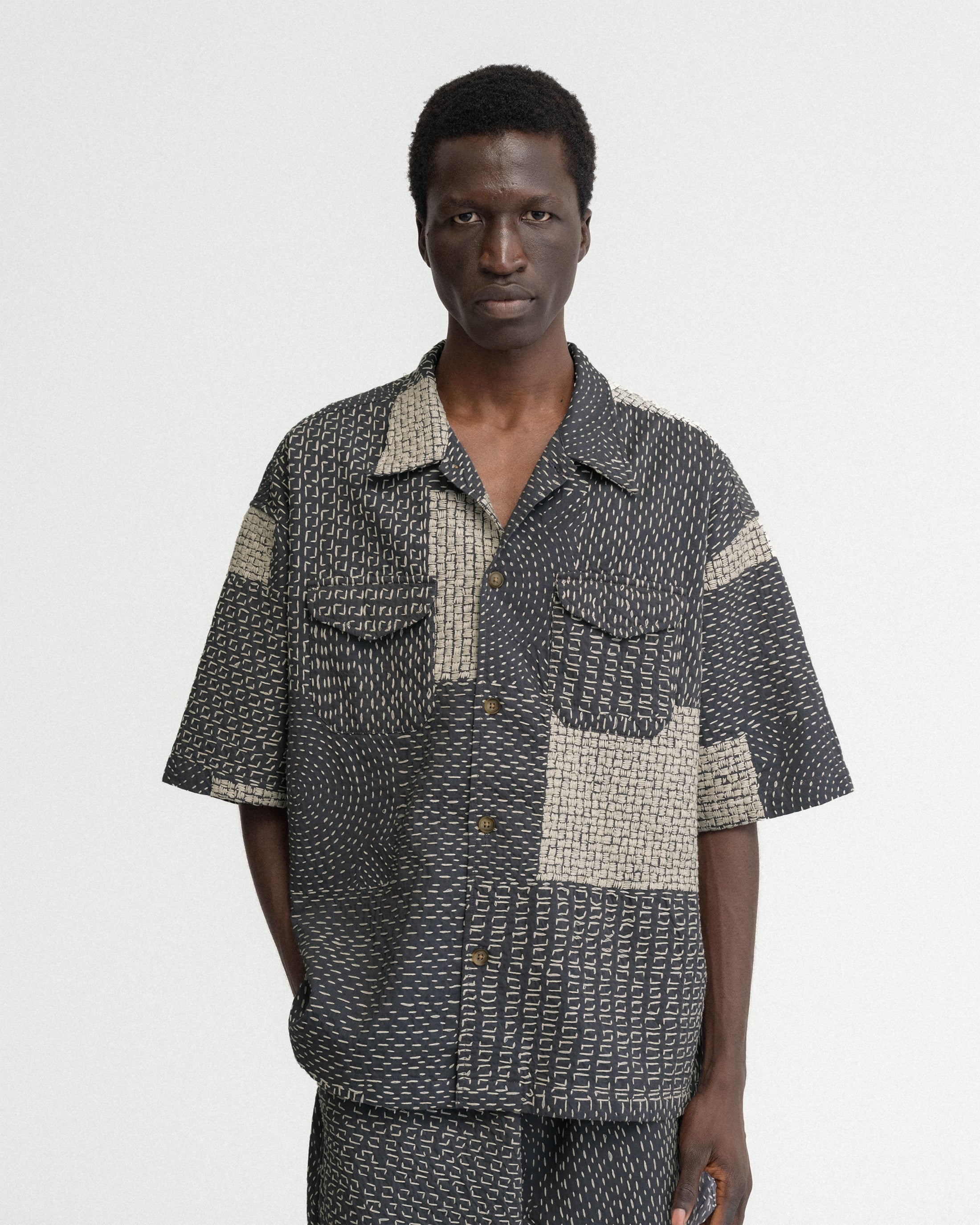 S/S WES SHIRT - WASHED SLATE/ECRU PATCHWORK KANTHA STITCHED COTTON CANVAS