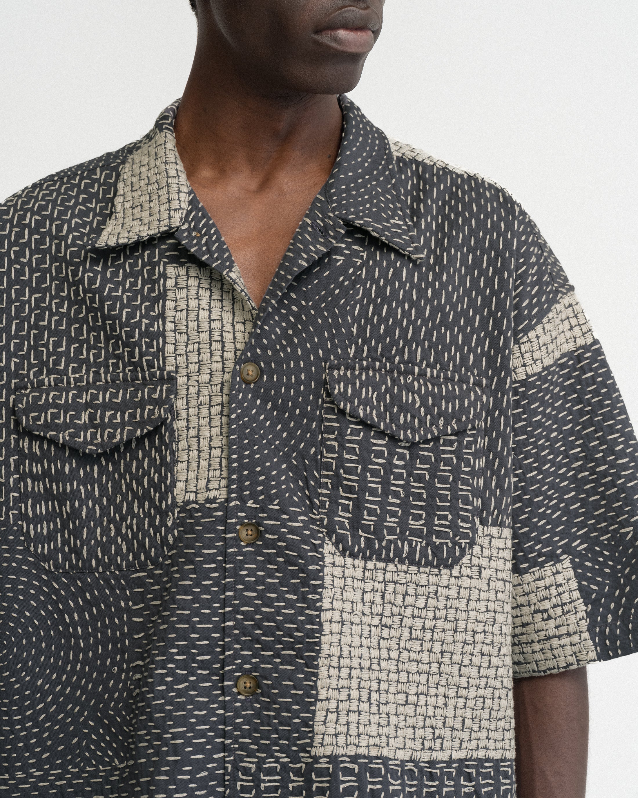 S/S WES SHIRT - WASHED SLATE/ECRU PATCHWORK KANTHA STITCHED COTTON CANVAS