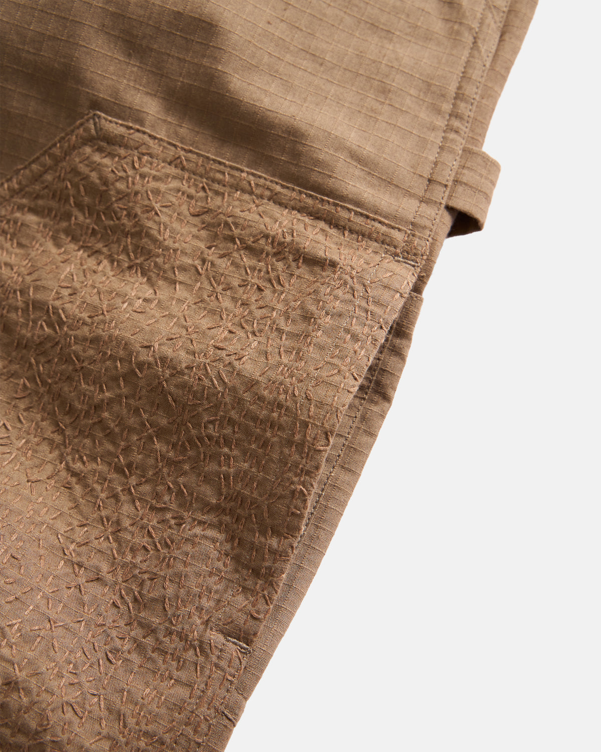 WIDE STUDIO DOUBLE KNEE WORK PANT - FOSSIL BROWN HAND-EMBROIDERED COTTON RIPSTOP