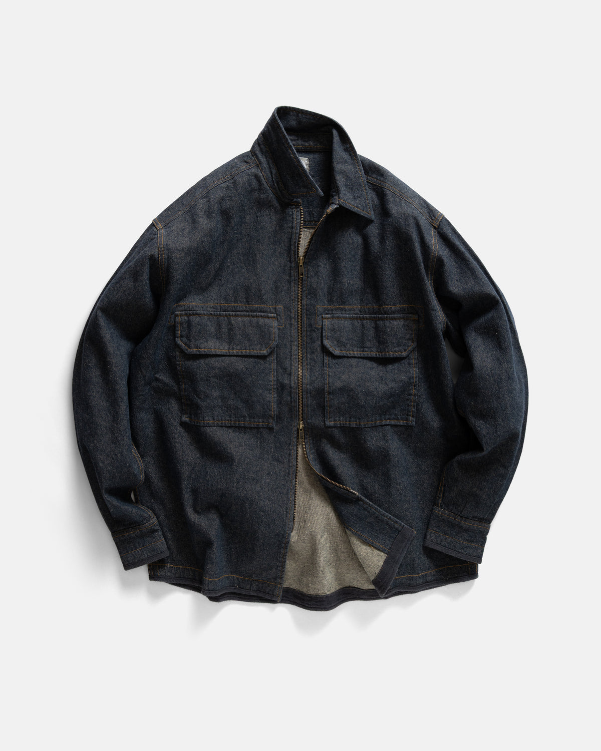ZIP SHELTER SERVICE SHACKET - INDIGO / KHAKI 11 oz. LEFT HAND TWILL COTTON DENIM