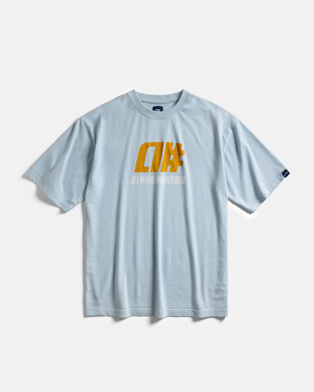 A# HAND BLOCK PRINTED RAE ALY TEE - BARELY NATURAL INDIGO / WHITE / GOLDENROD 7.75 oz. ALL SEASON COTTON JERSEY
