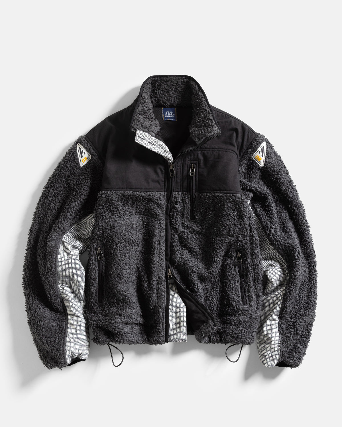 A# RECESS FULL-ZIP FLEECE - ALPHA SLATE / CINDER DEEP PILE ORGANIC COTTON FLEECE WITH HAND BLOCK PRINTED COTTON MICRO RIPSTOP PANELLING