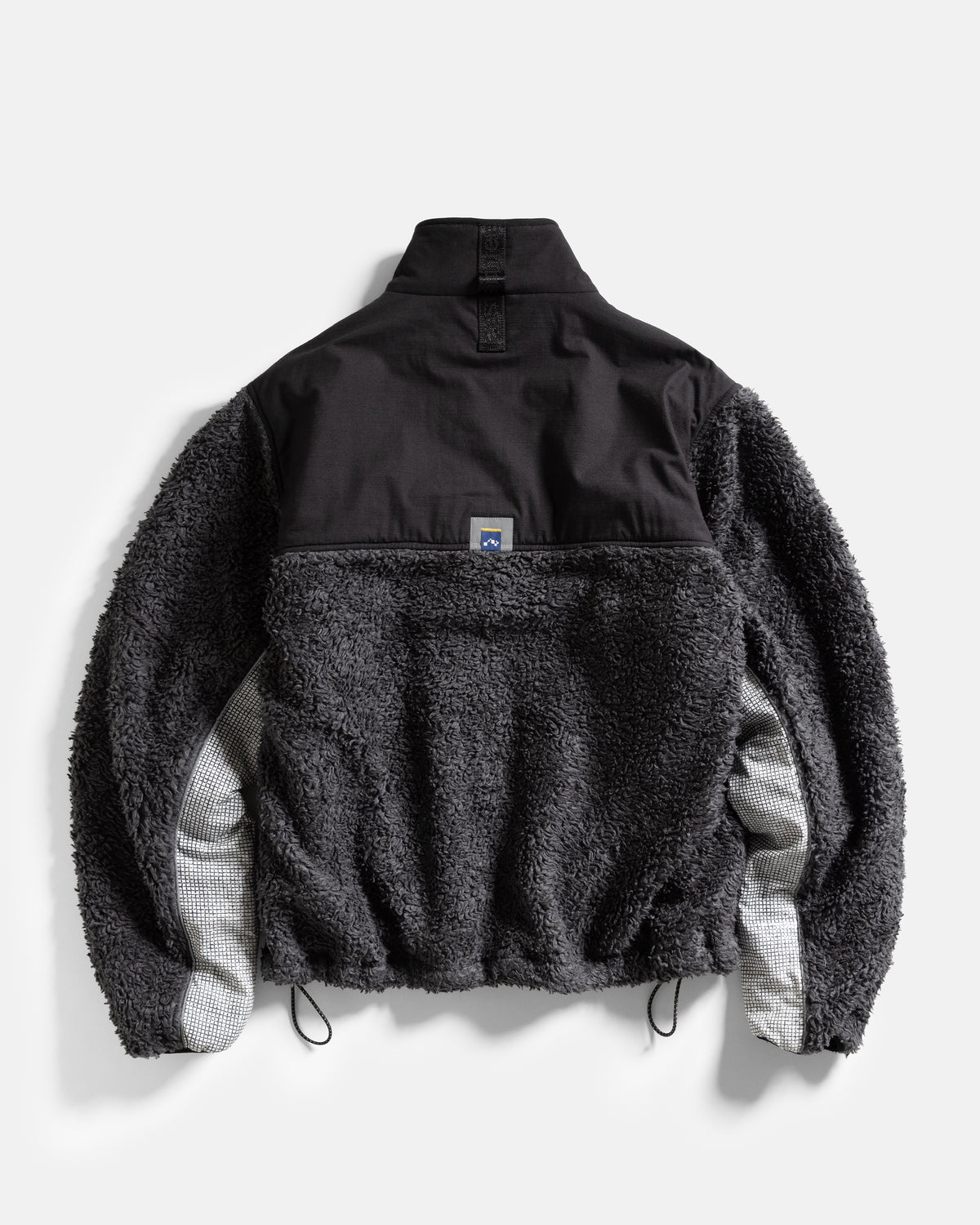 A# RECESS FULL-ZIP FLEECE - ALPHA SLATE / CINDER DEEP PILE ORGANIC COTTON FLEECE WITH HAND BLOCK PRINTED COTTON MICRO RIPSTOP PANELLING
