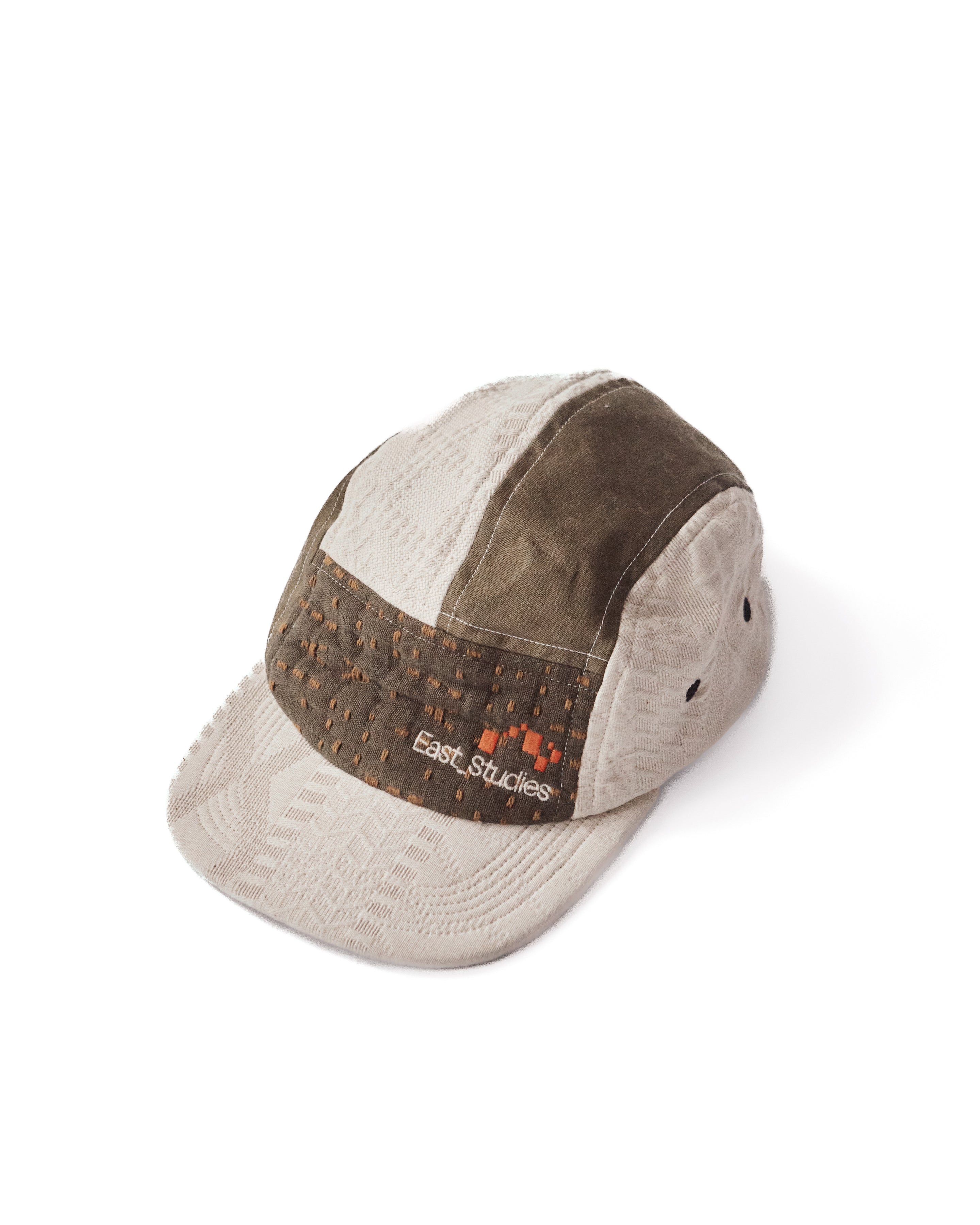 EAST_STUDIES CINCH BACK CAMP HAT  - UNDYED HANDWOVEN JACQUARD / WILLOW GREEN HAND QUILTED COTTON / SATEEN